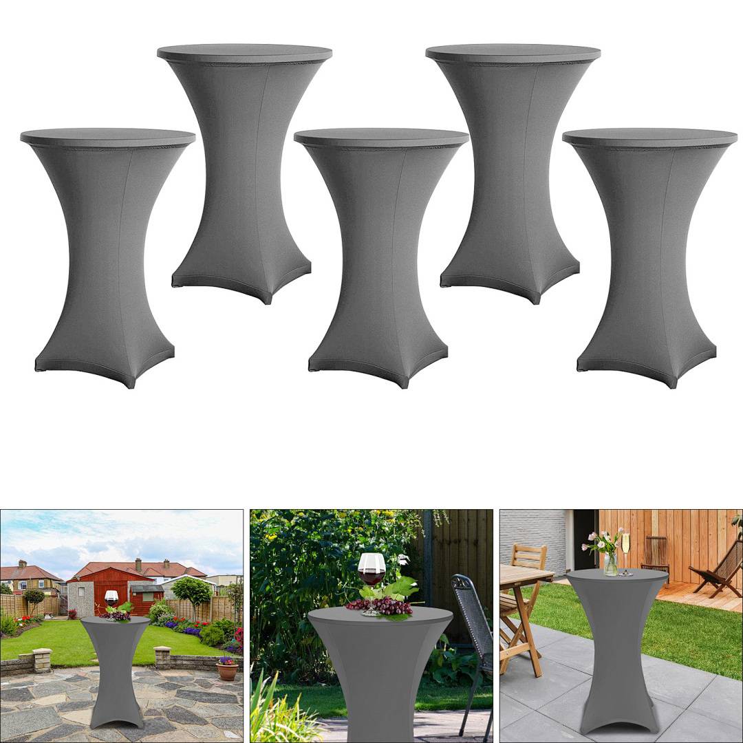 Graue Cocktailtische mit Stretch-Überzügen sind in einer Gartenumgebung angeordnet. Jeder ist in der Lage, kleine Dekorationen oder Gläser zu halten.
