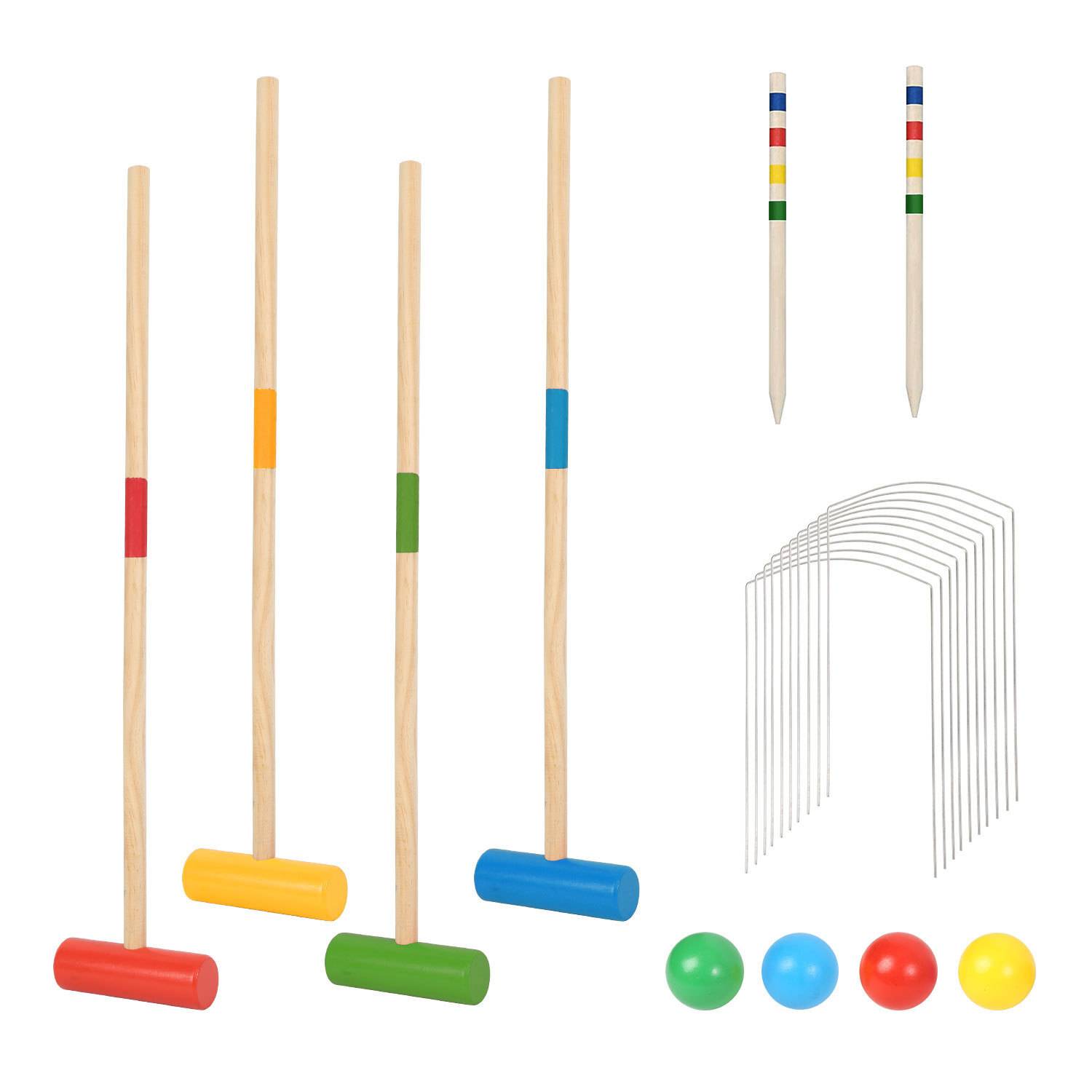 Krocket-Set mit vier farbigen Schlägern, roten und blauen Stäben und farblich passenden Bällen. Enthält Metalltor zum Aufbau des Spiels.