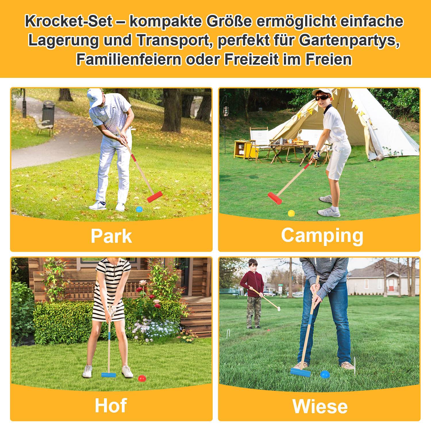 Vier Bilder von Menschen, die in verschiedenen Außenbereichen Croquet spielen: Park, Campingplatz, Hof und Wiese.