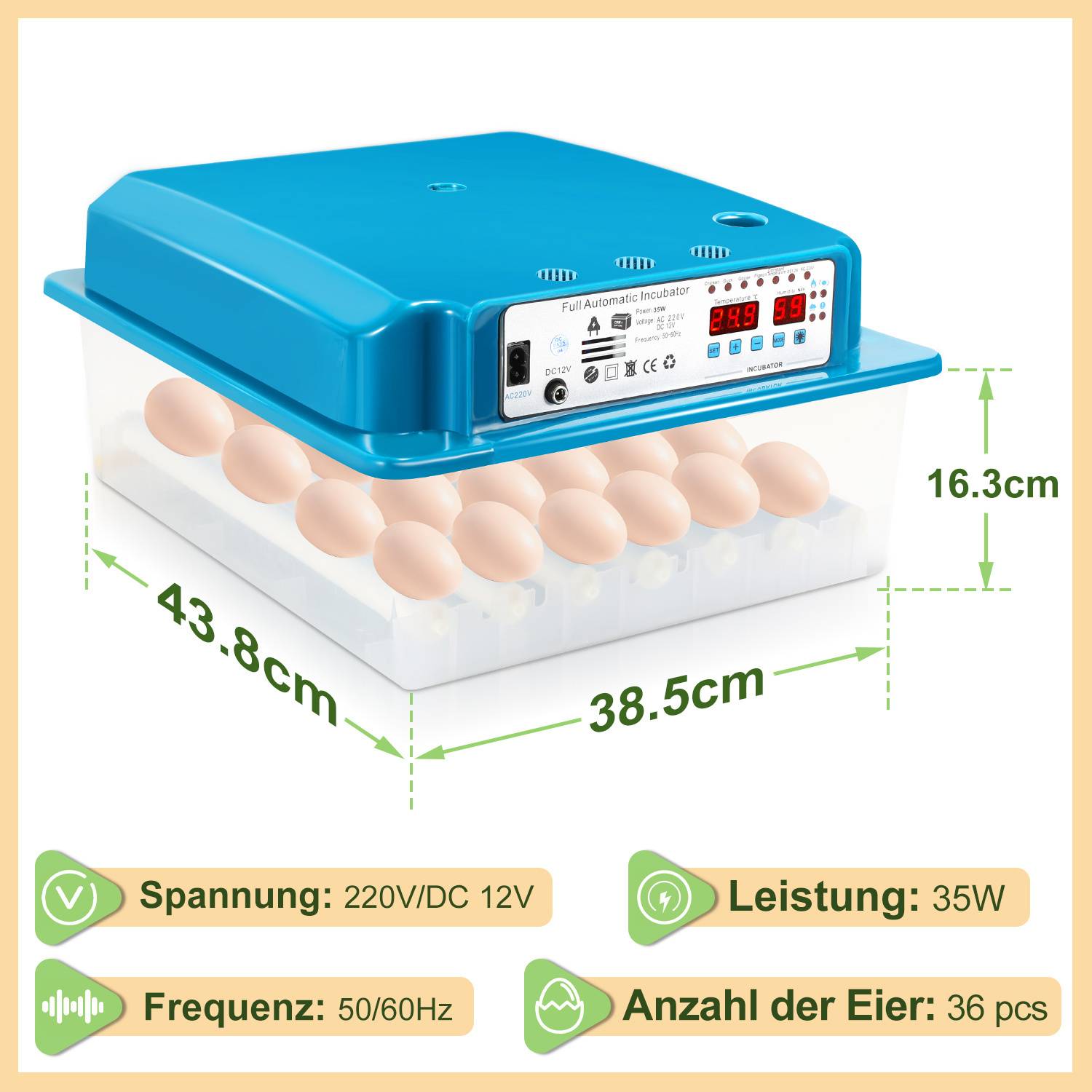 Ein Eierinkubator fasst 36 Eier. Die Abmessungen und Spezifikationen umfassen Länge, Breite und Stromdetails: 220V/DC12V, 35W, 50/60Hz.