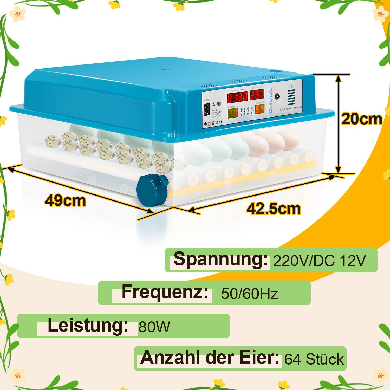 Inkubator-Abmessungen: Höhe 20 cm, Länge 49 cm, Breite 42,5 cm. Spezifikationen: 220V/DC 12V, 50/60Hz, 80W; Fassungsvermögen 64 Eier.