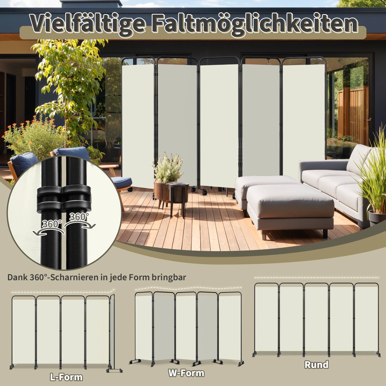 Outdoor-Terrasse mit Faltschirmen in verschiedenen Konfigurationen: L-Form, W-Form und rund. Text: 'Vielfältige Faltmöglichkeiten'.