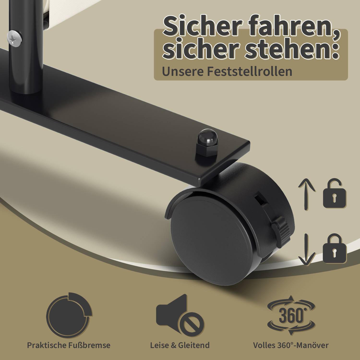 Ein Lenkrad an einem schwarzen Metallrahmen ist hervorgehoben und deutet auf Stabilität und sanfte Bewegung hin. Text auf Deutsch bewirbt sichere Fahreigenschaften und Sperrmechanismen.