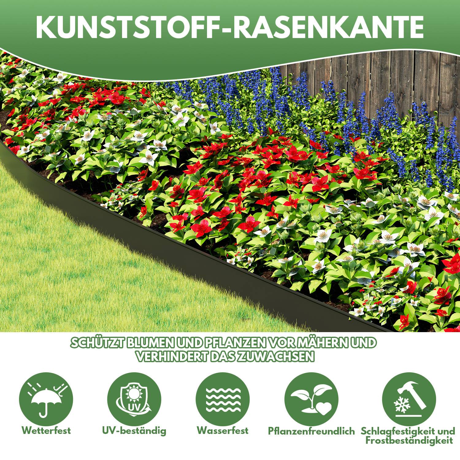 Eine Garteneinfassung mit leuchtenden Blumen gegen einen gemusterten Zaun. Der Text lautet „Kunststoff-Rasenkante