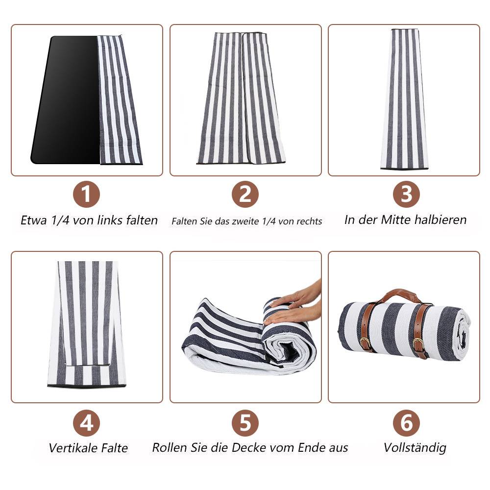 Ein Handtuch in sechs Schritten falten: 1. 1/4 von links falten, 2. 1/4 von rechts, 3. In der Mitte falten, 4. Vertikal falten, 5. Rollen, 6. Vollständig.