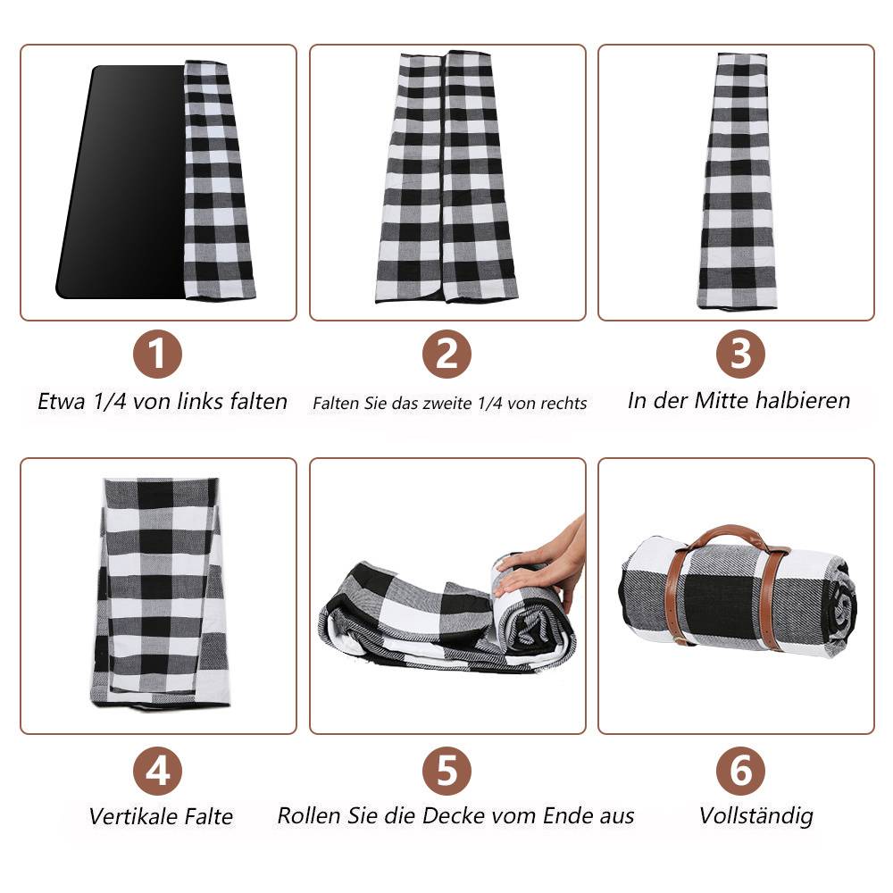 Schritte zum Falten einer karierten Decke: 1. 1/4 von links falten. 2. Zweites 1/4 von rechts falten. 3. In der Mitte halbieren. 4. Vertikal falten. 5. Von unten aufrollen. 6. Mit Gurten sichern.