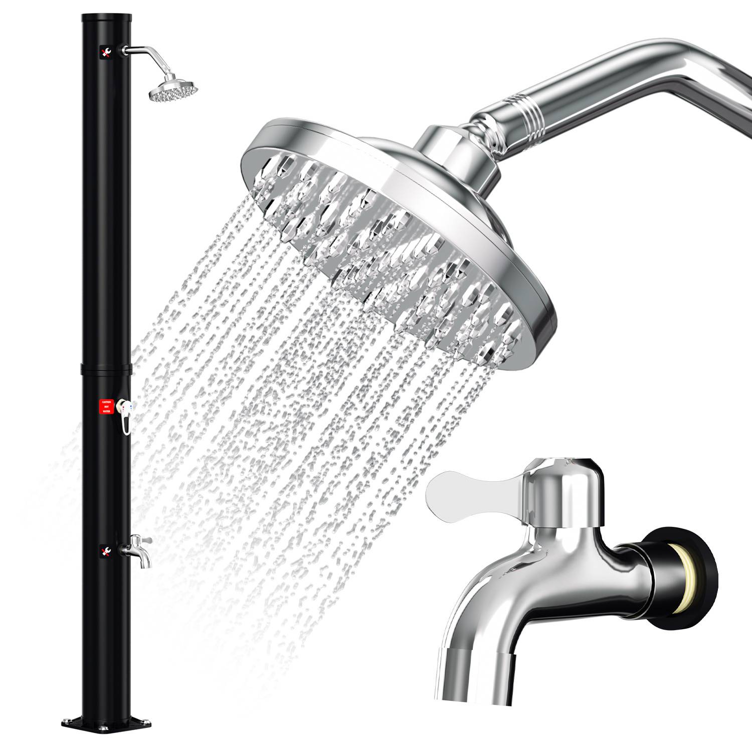 Außenduschanlagen-System mit zwei Duschköpfen, einem Kopfbrause-Duschkopf und einem Handbrause-Duschkopf, montiert auf einem schwarzen Ständer. Separates Bild eines Wasserhahns.