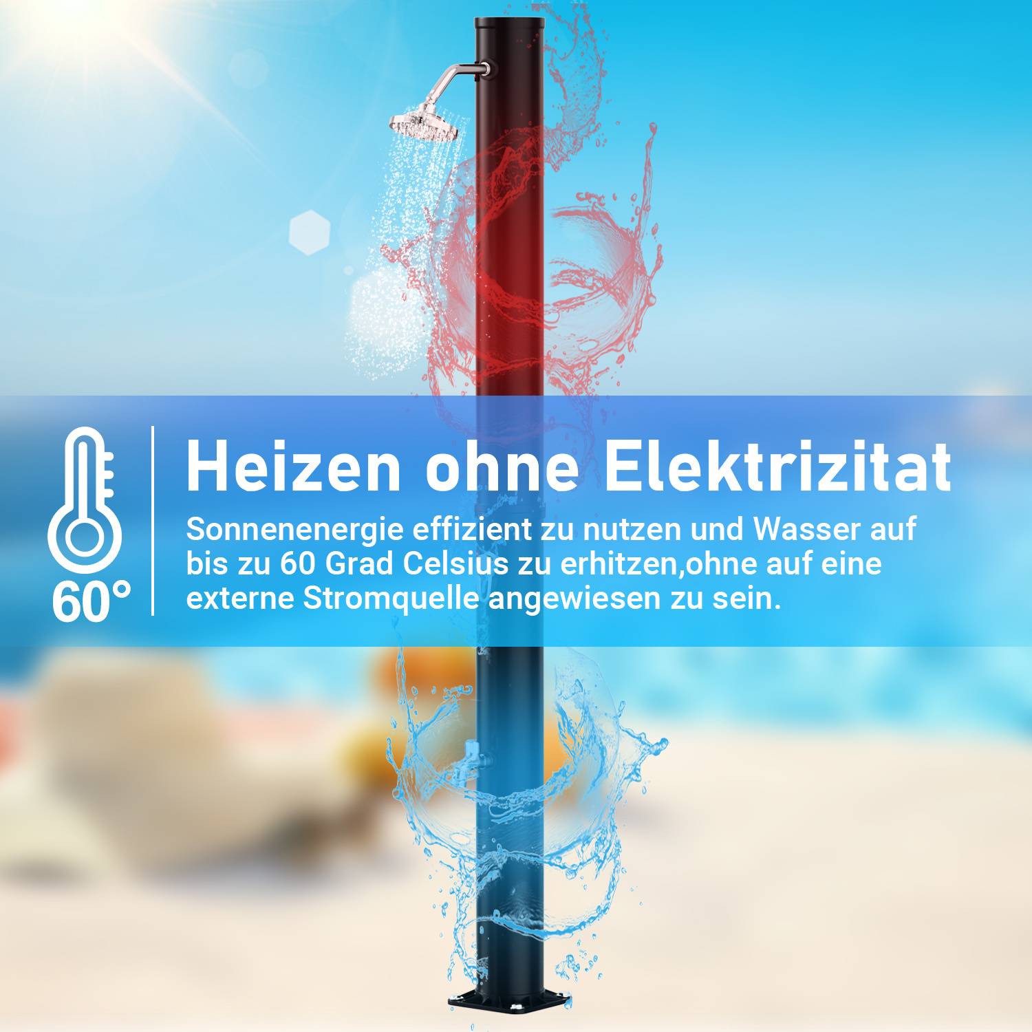 # Metallsolardusche vor unscharfem Strandumhintergrund mit deutschem Text: „Heizen ohne Elektrizität