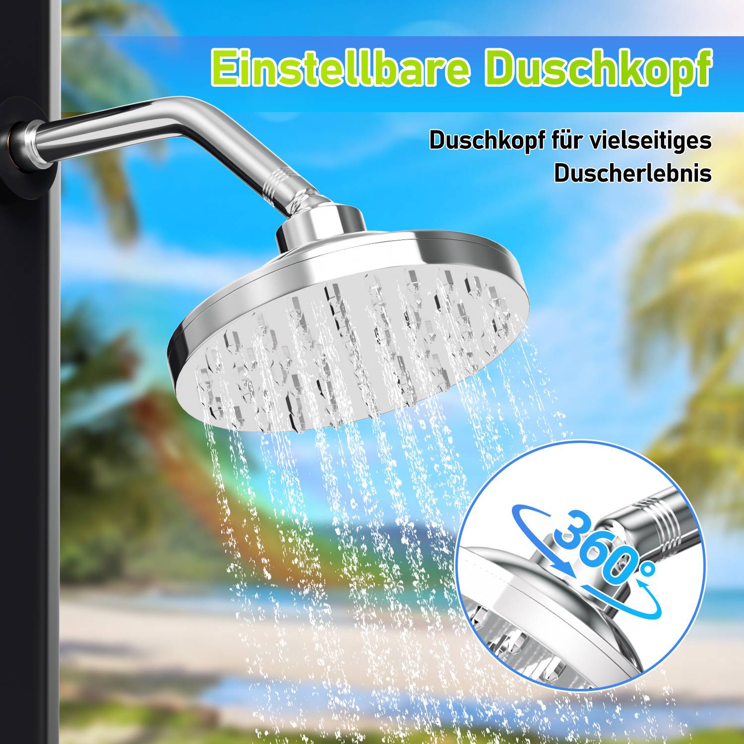 Ein verchromter Duschkopf sprüht Wasser, mit dem Text „Einstellbarer Duschkopf