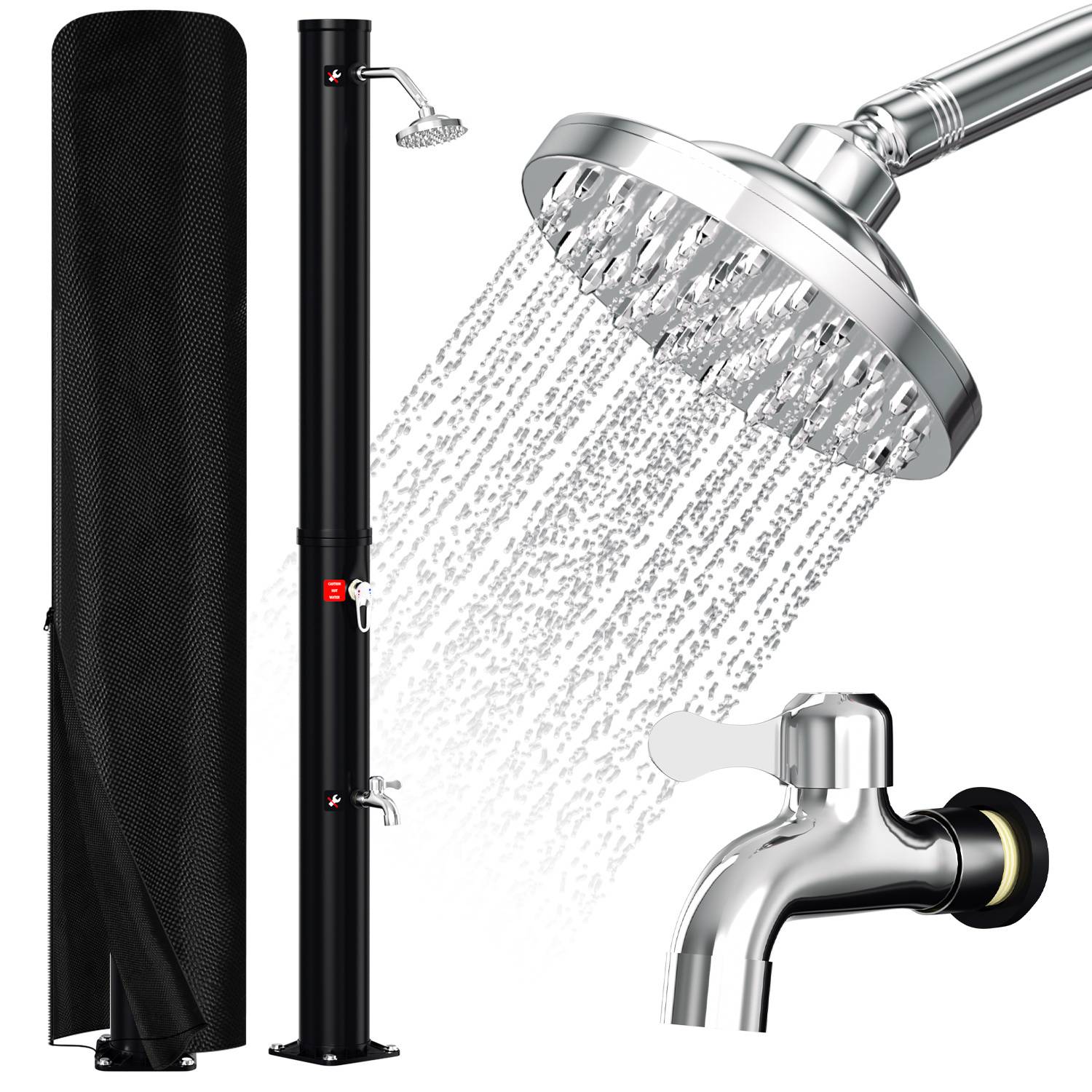 Outdoor-Solarduschset mit einer schwarzen zylindrischen Dusche mit abnehmbarem Duschkopf, silbernem Wasserhahn und einer hohen Schutzhaube.
