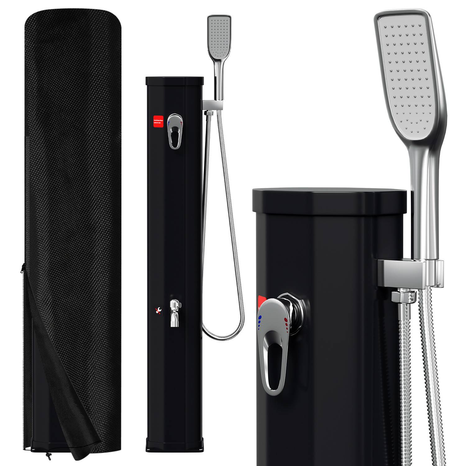 Outdoor-Solardusche mit tragbarem Duschkopf, schwarze Säulenform, roter Ventilhebel, zur Verwendung im Garten oder am Pool, in drei Ansichten dargestellt.