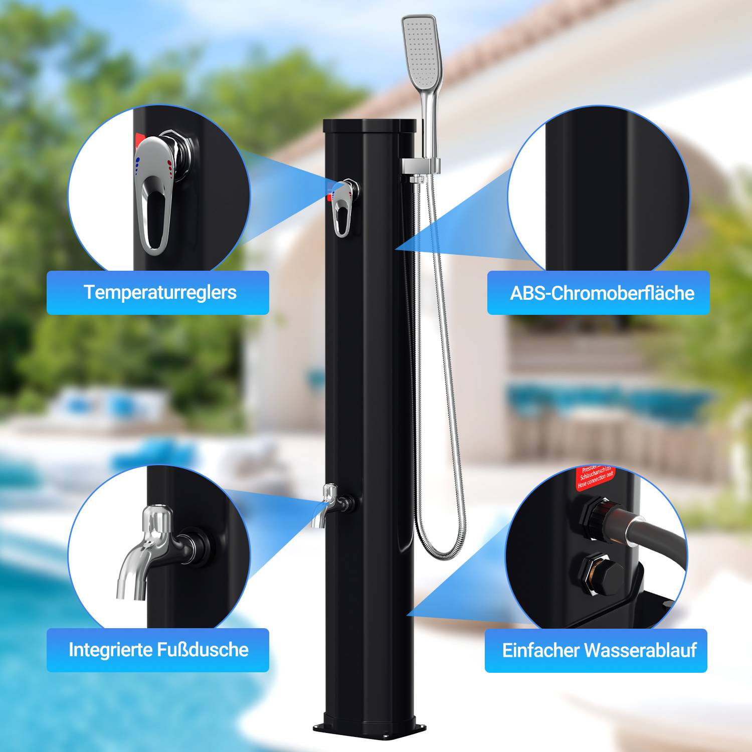 Eine Solardusche neben einem Pool hebt Funktionen mit Text hervor: „Temperaturkontrolle