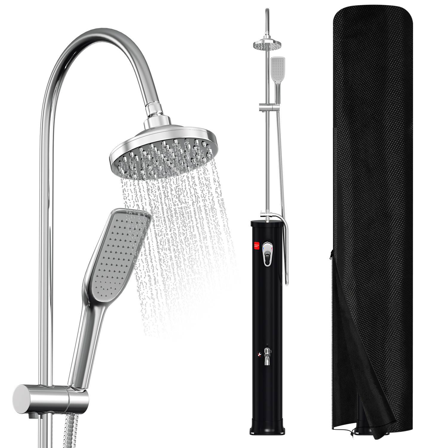 Ein tragbares Outdoor-Solardusch-Set mit gebogenem Duschkopf, tragbarer Düse und großem, schwarzem, solar-beheiztem Wasserbehälter.