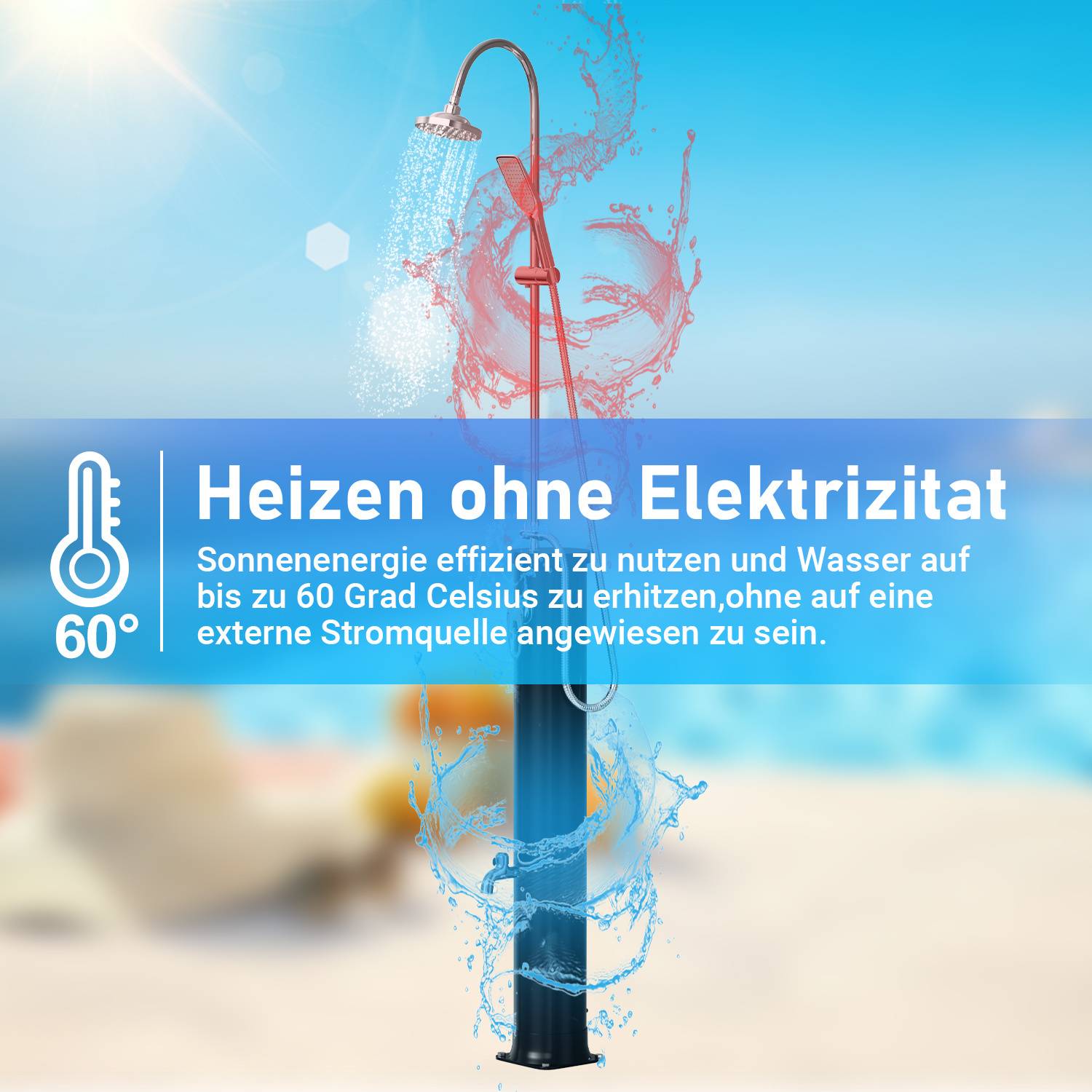 Solardusche in Gebrauch mit Sonnensymbol zeigt '60°'. Der Text lautet „Heizen ohne Elektrizität