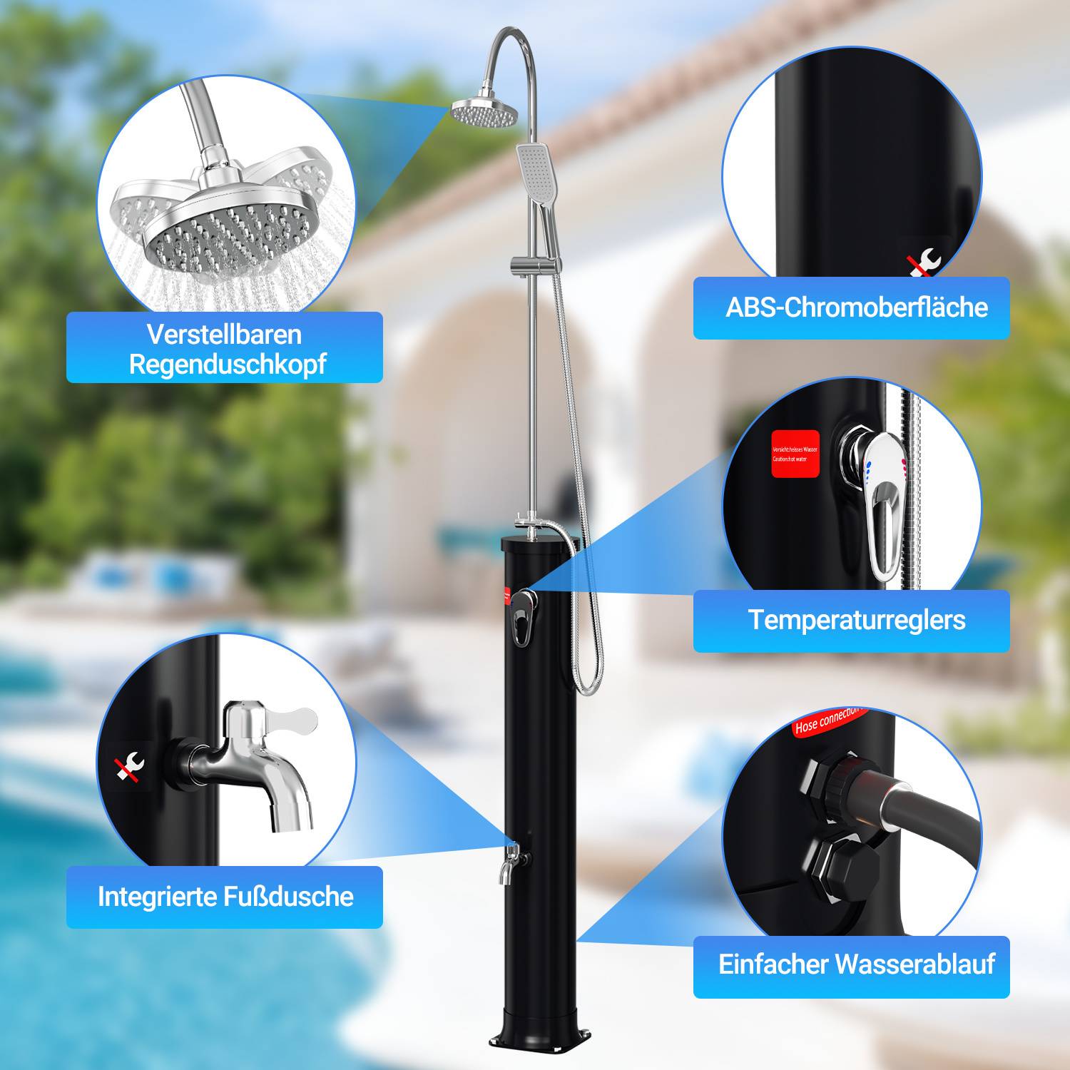 Außendusche mit verstellbarem Regenbrausekopf, ABS-Chromoberfläche, Temperaturregler, integrierte Fußdusche und einfache Wasserdurchflussregelung. Der Hintergrund zeigt einen unscharfen Pool und Grünanlagen.