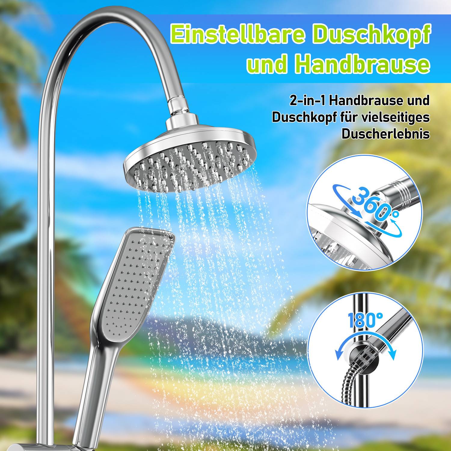 Einstellbarer Duschkopf und tragbare Handbrause mit 2-in-1-Funktion, mit 360-Grad- und 180-Grad-Flexibilität.
