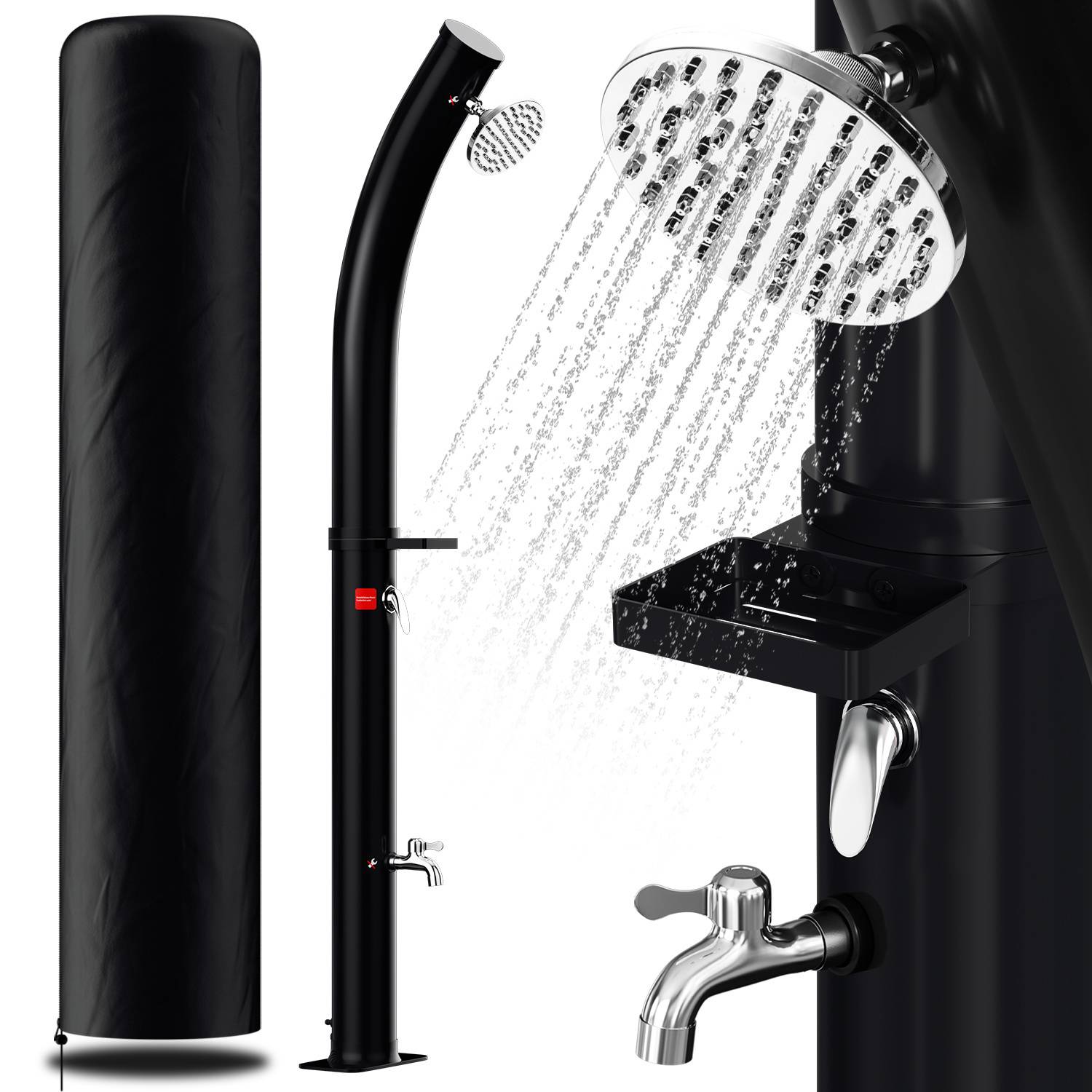 Outdoor-Solardusche mit rundem Duschkopf, geschwungenes Design, Temperaturregelung und eine Abdeckung. Beinhaltet ein kleines eingebautes Regal und einen Wasserhahn.