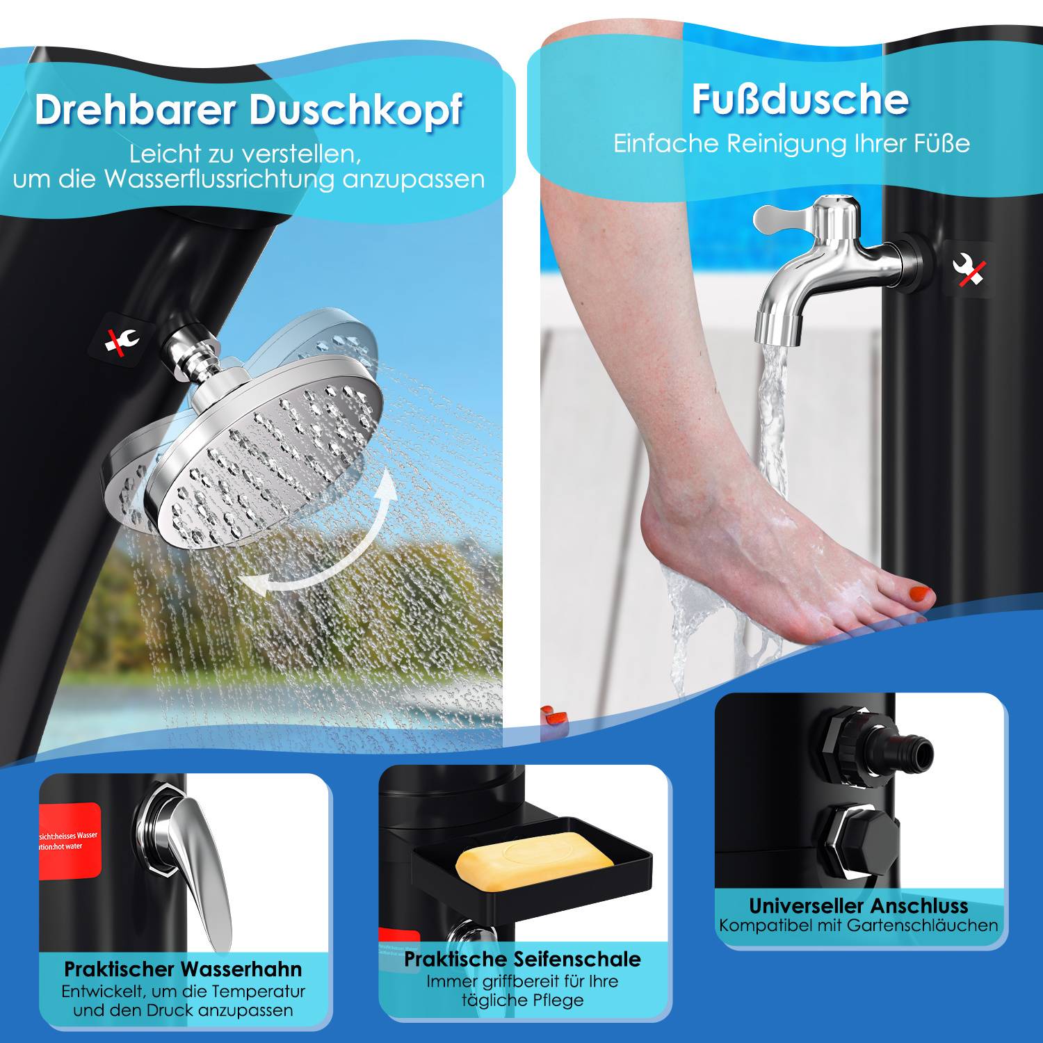 Drehbarer Duschkopf – verstellbarer Duschkopf und Fußdusche; Funktionen umfassen Wasserdurchflussregelung und universelle Anschlussmöglichkeit.