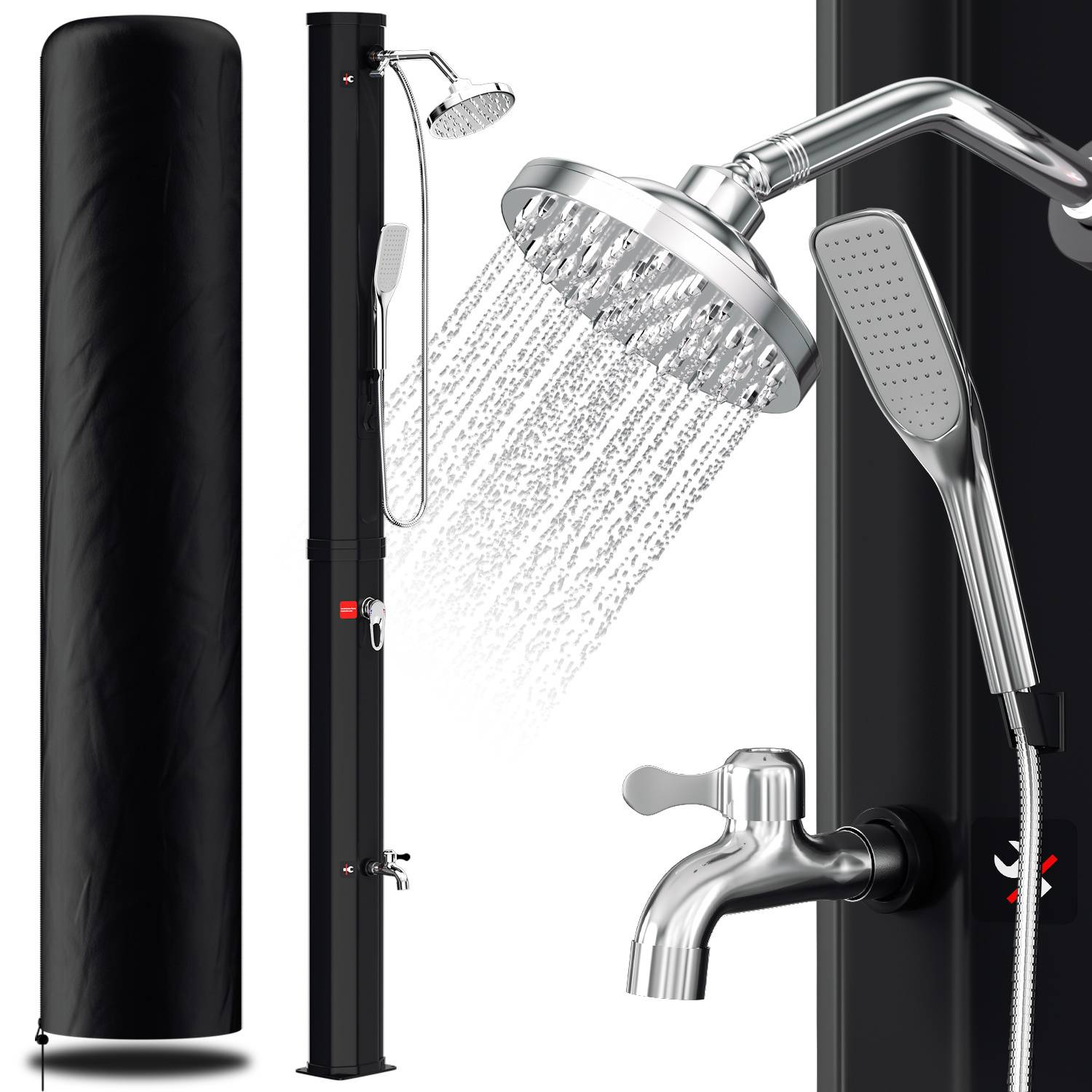 Außenduschanlage mit Überkopf-Regenduschen Duschkopf, tragbarer Düse und Seitenhahn vor solidem Hintergrund. Ideal für die Gartennutzung.