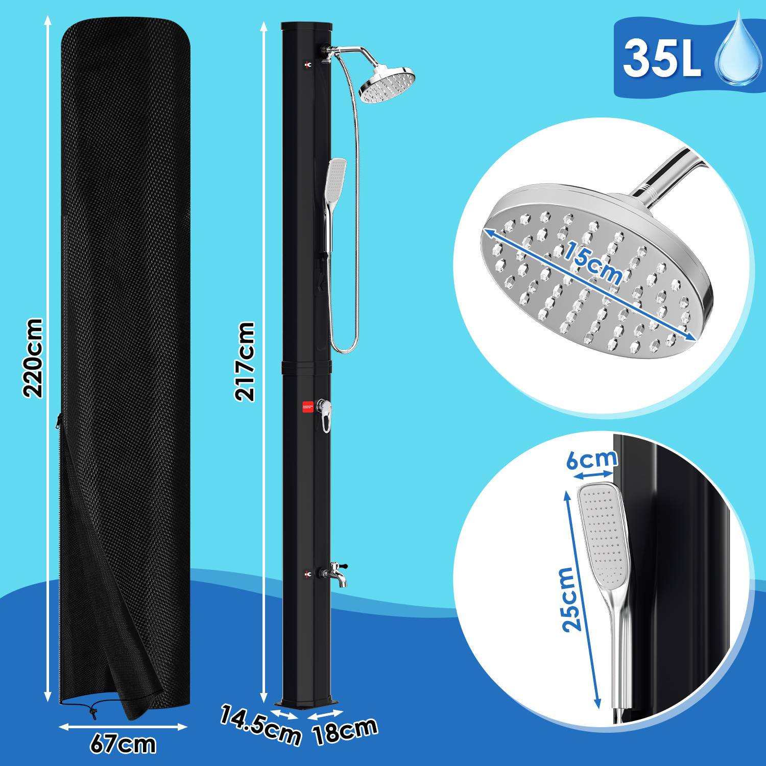 Außen-Solardusche, schwarz, 217 cm hoch, mit verstellbarem Duschkopf und Fußdusche. Fasst 35 L Wasser. Inklusive Schutzhülle.