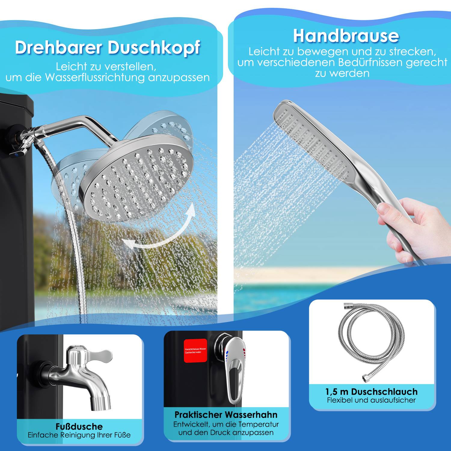 Drehbarer Duschkopf mit regulierbarem Wasserdurchfluss und Handbrause für einfache Erreichbarkeit. Beinhaltet Fußdusche, Temperaturregelung und 1,5 m Schlauch.