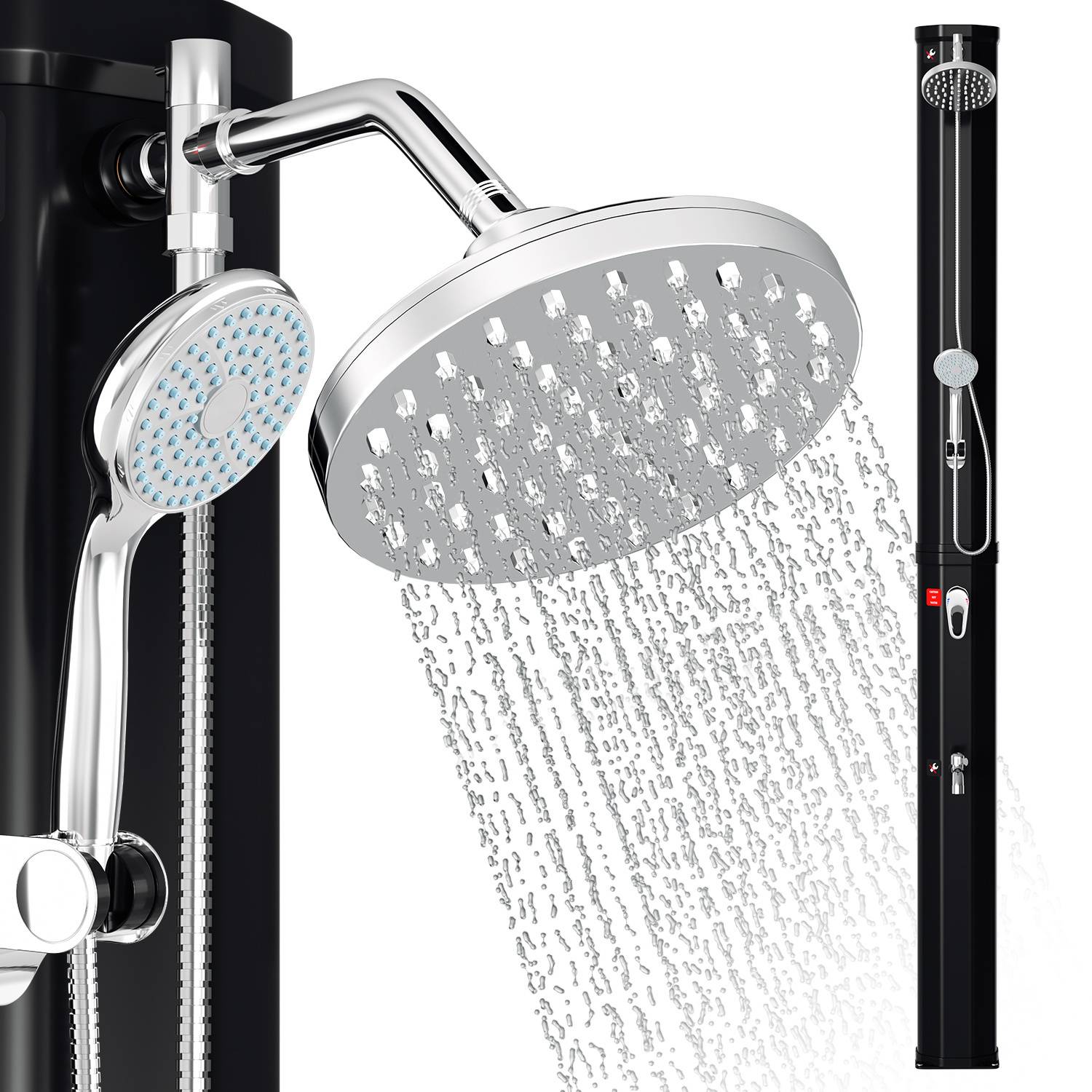 Ein schwarzes Duschpanelsystem mit einem Hauptbrausekopf oben und einem abnehmbaren Handbrausekopf, beide sprühen Wasser.