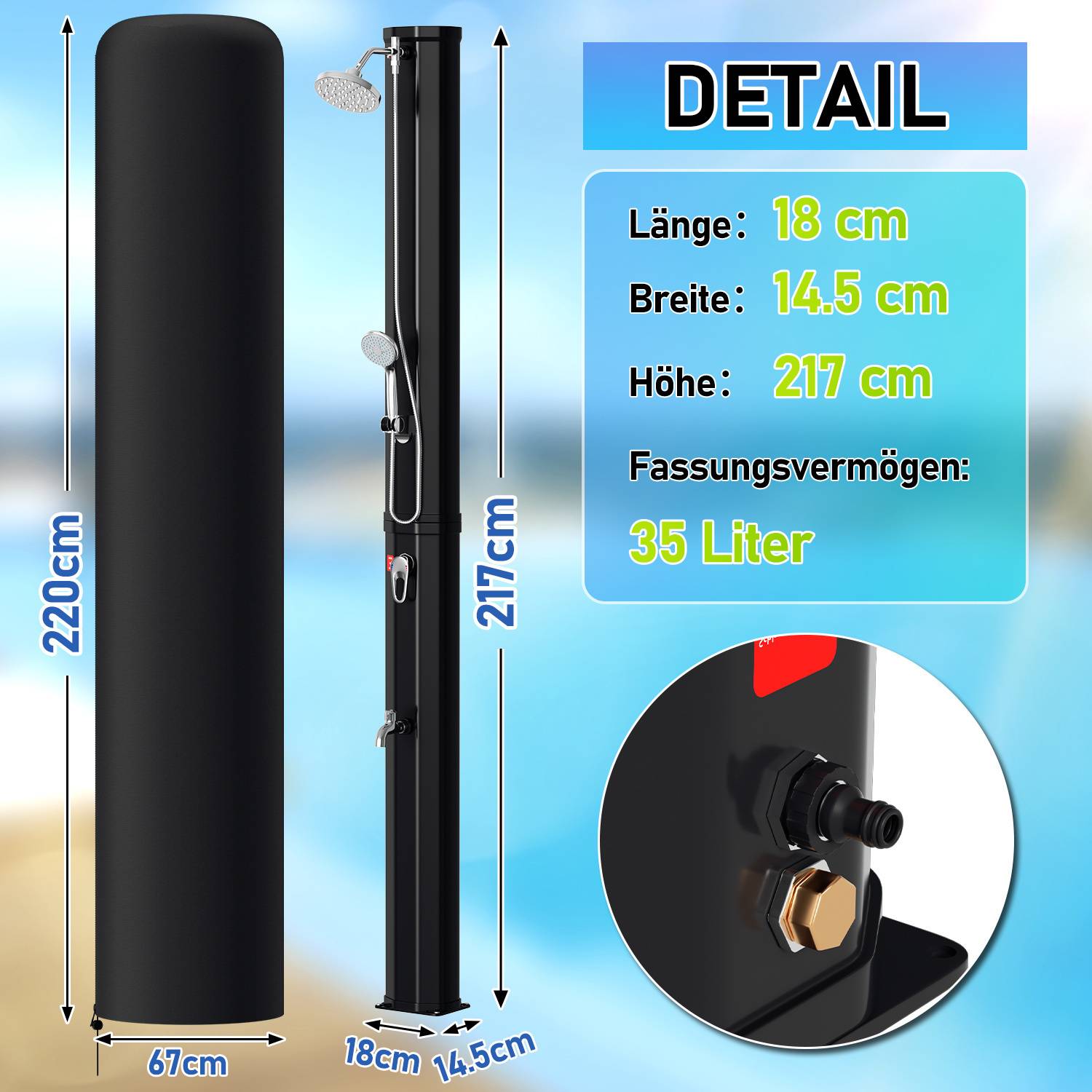 Details zur Außendusche: Höhe 217 cm, Breite 14,5 cm, Fassungsvermögen 35 Liter. Das Bild zeigt eine hohe schwarze Dusche mit Bedienungselementen und Düse.