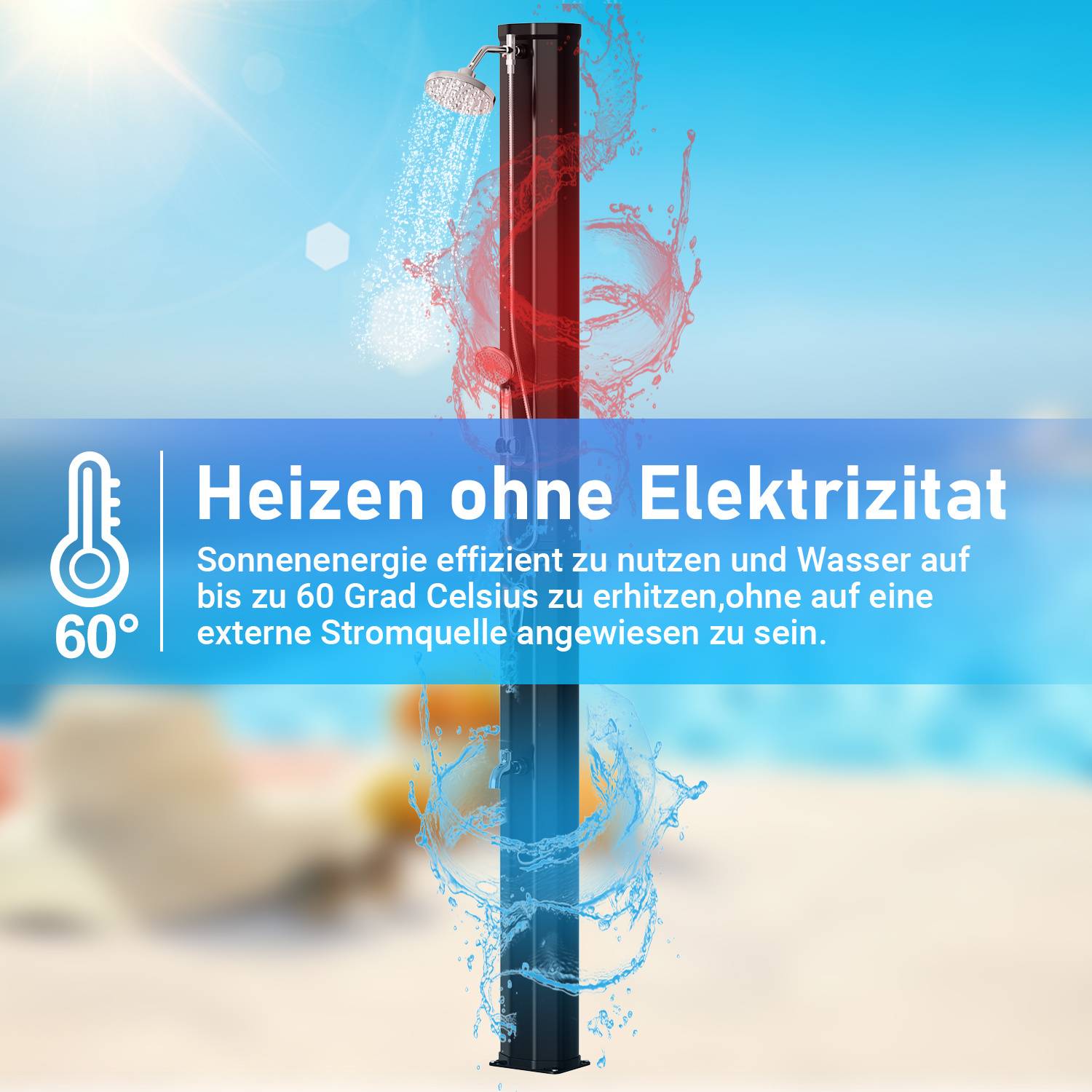 Ein schlanker, solar-betriebener Heizer steht vor einem verschwommenen Strandkulisse mit dem Text: „Heizen ohne Elektrizität