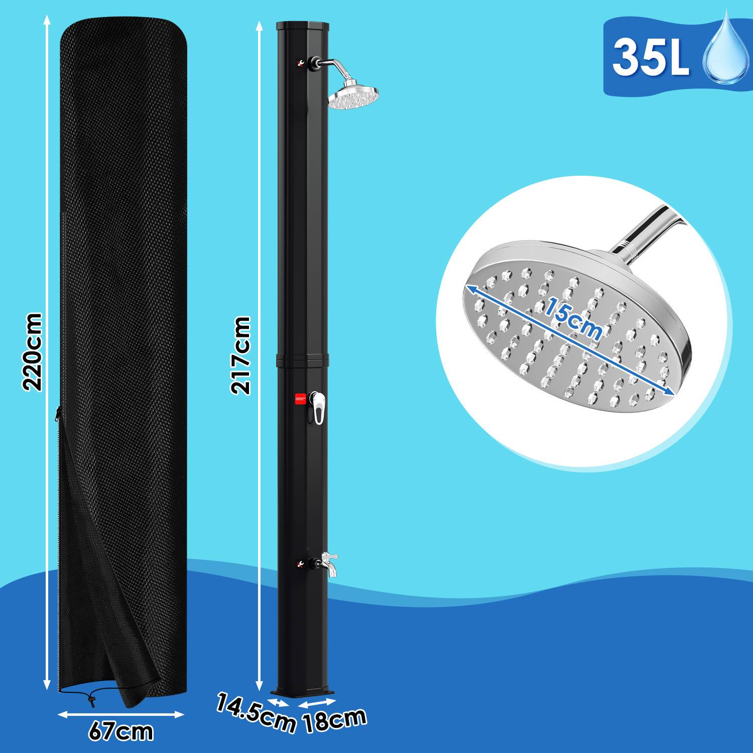 Sonnendusche mit 35L Fassungsvermögen. Merkmale: 22cm Durchmesser der Basis, 217cm Höhe und 15cm Duschkopf. Schwarze Abdeckung und blauer Wasserhintergrund.