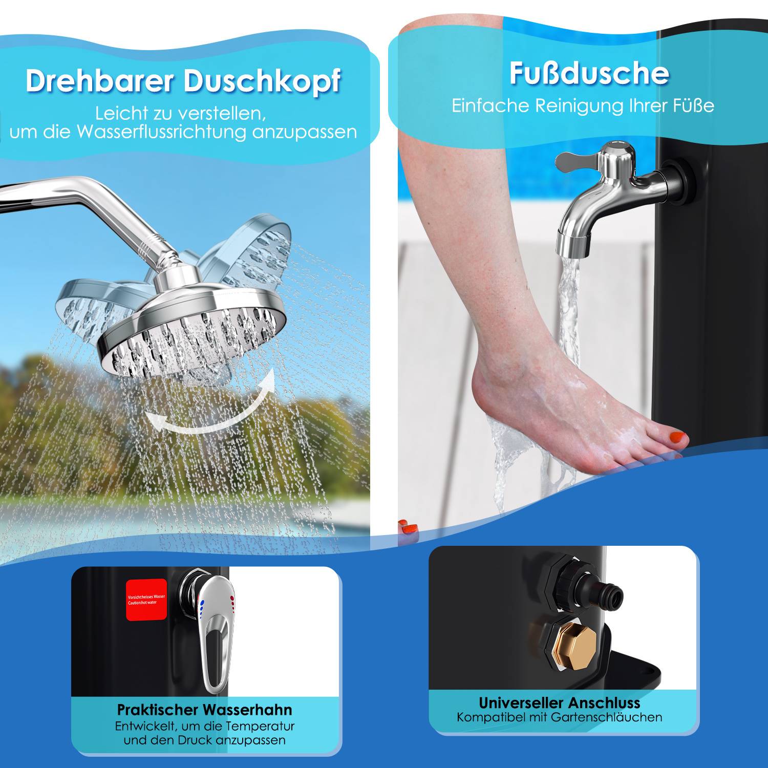 Verstellbarer Duschkopf und Fußdusche zur einfachen Fußreinigung; ausgestattet mit praktischem Wasserhahn mit Temperaturregelung und universeller Schlauchverbindung.