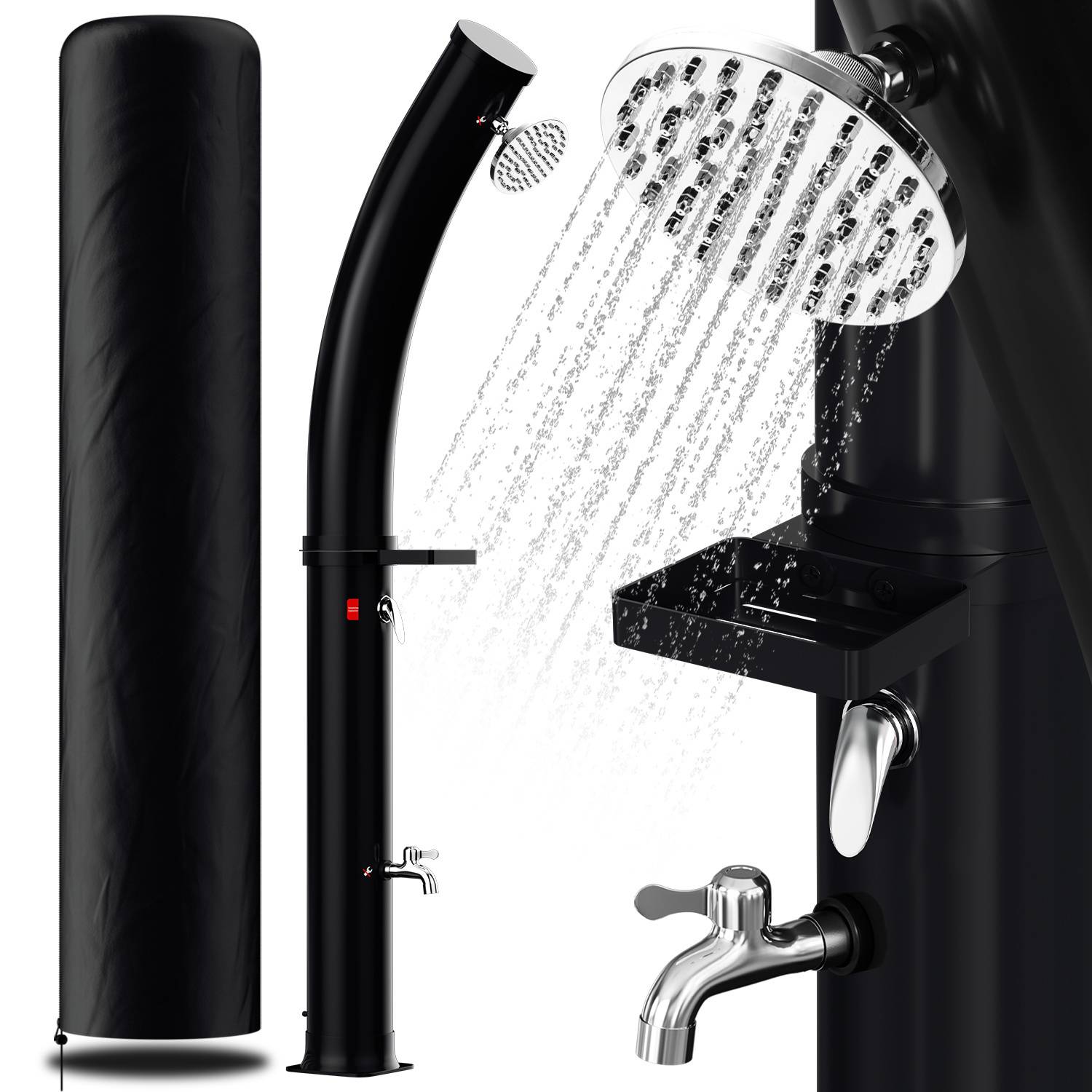 Tragbare Solardusche mit geschwungenem schwarzem Design, Duschkopf, aus dem Wasser austritt, Wasserhahn darunter und Schutzkappe daneben.