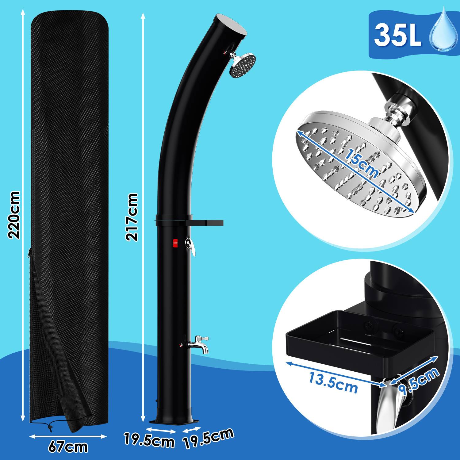 Tragbare Solardusche mit Abmessungen: Höhe 217 cm, Grundfläche 67 cm, Fassungsvermögen 35 L. Mit Duschkopf und Fußbedienung. Inklusive Schutzhülle.