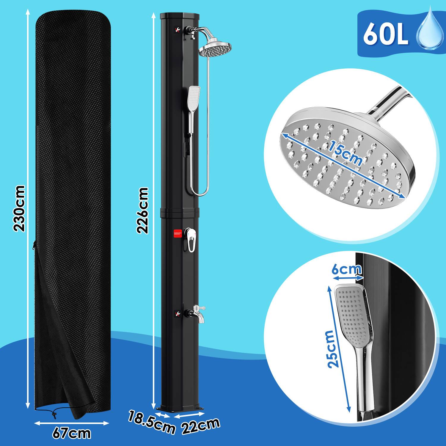 Schwarze Solardusche mit großem Duschkopf, Maße: Höhe 222 cm, Basis 18,5 cm x 22 cm; Wasserkapazität 60 L.