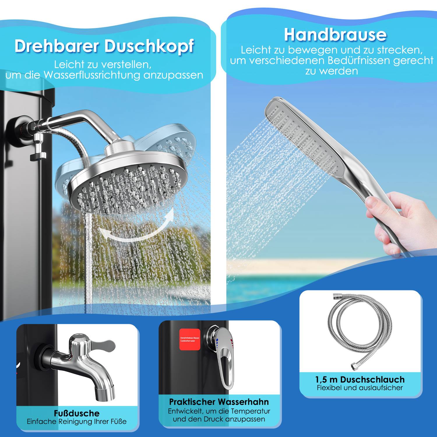 Das Bild zeigt einen rotierenden Duschkopf und einen Handbrause-Duschkopf, die ihre flexiblen Verstellungsfunktionen hervorheben. Es zeigt auch einen Fußwasserhahn, einen praktischen Wasserhahn und einen 1,5 m langen Duschschlauch. Deutscher Text enthält Produktdetails.