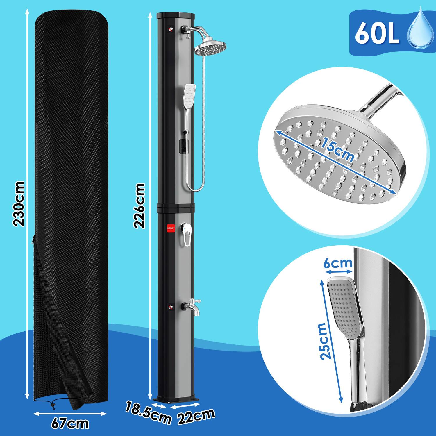 Outdoor-Solardusche mit einer Höhe von 226 cm, einem 15 cm Regenbrausekopf und einer Handbrause. Kapazität beträgt 60L. Maße inbegriffen.