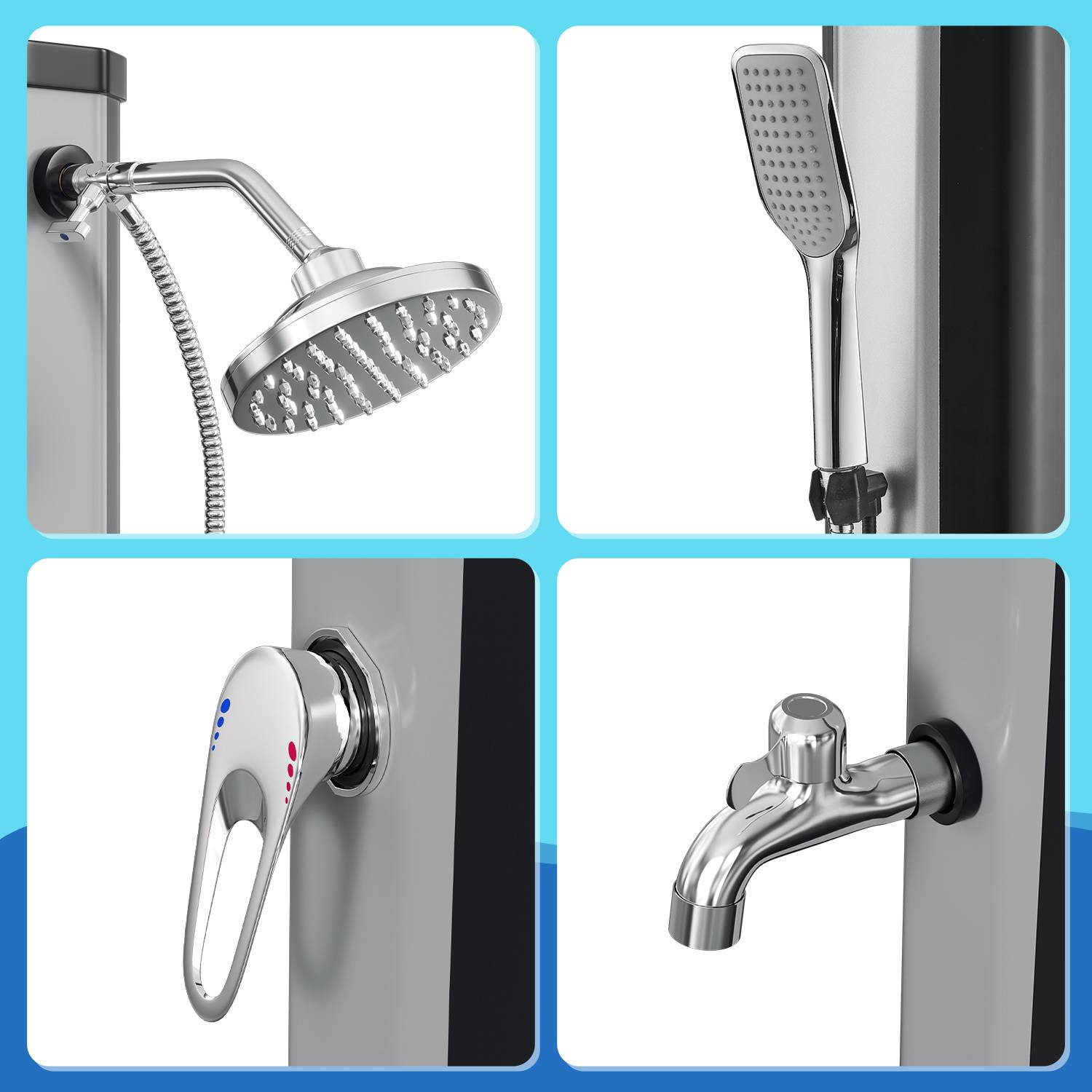 Vier Bilder zeigen Teile einer Duschanlage: einen runden Duschkopf, eine Handbrause, einen Temperaturregelungshebel und eine Wasserauslaufröhre.