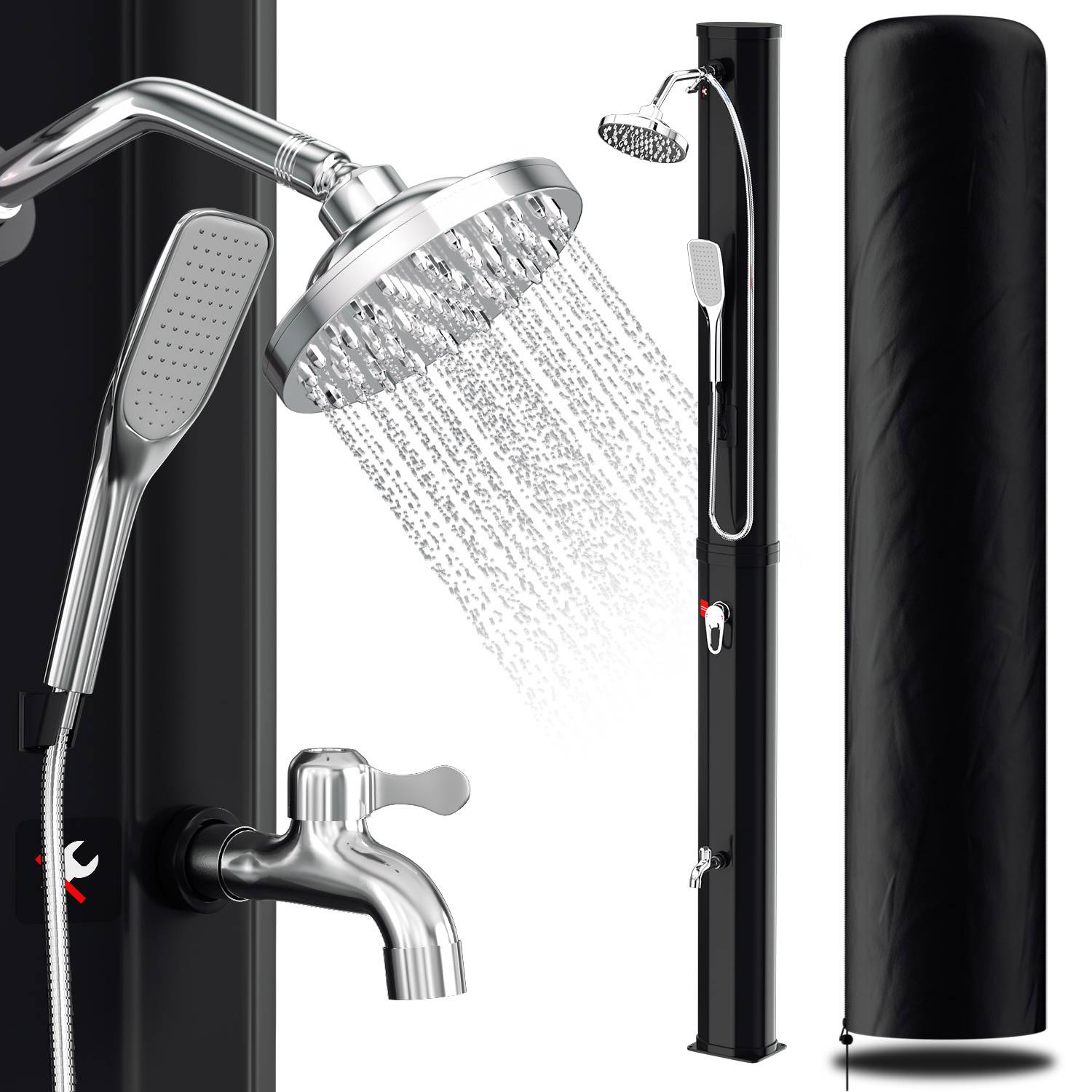 Eine Außendusche mit schlankem schwarzen Design verfügt über einen großen runden Kopfbrausekopf und ein tragbares Handsprühgerät, gezeigt mit und ohne Schutzabdeckung.