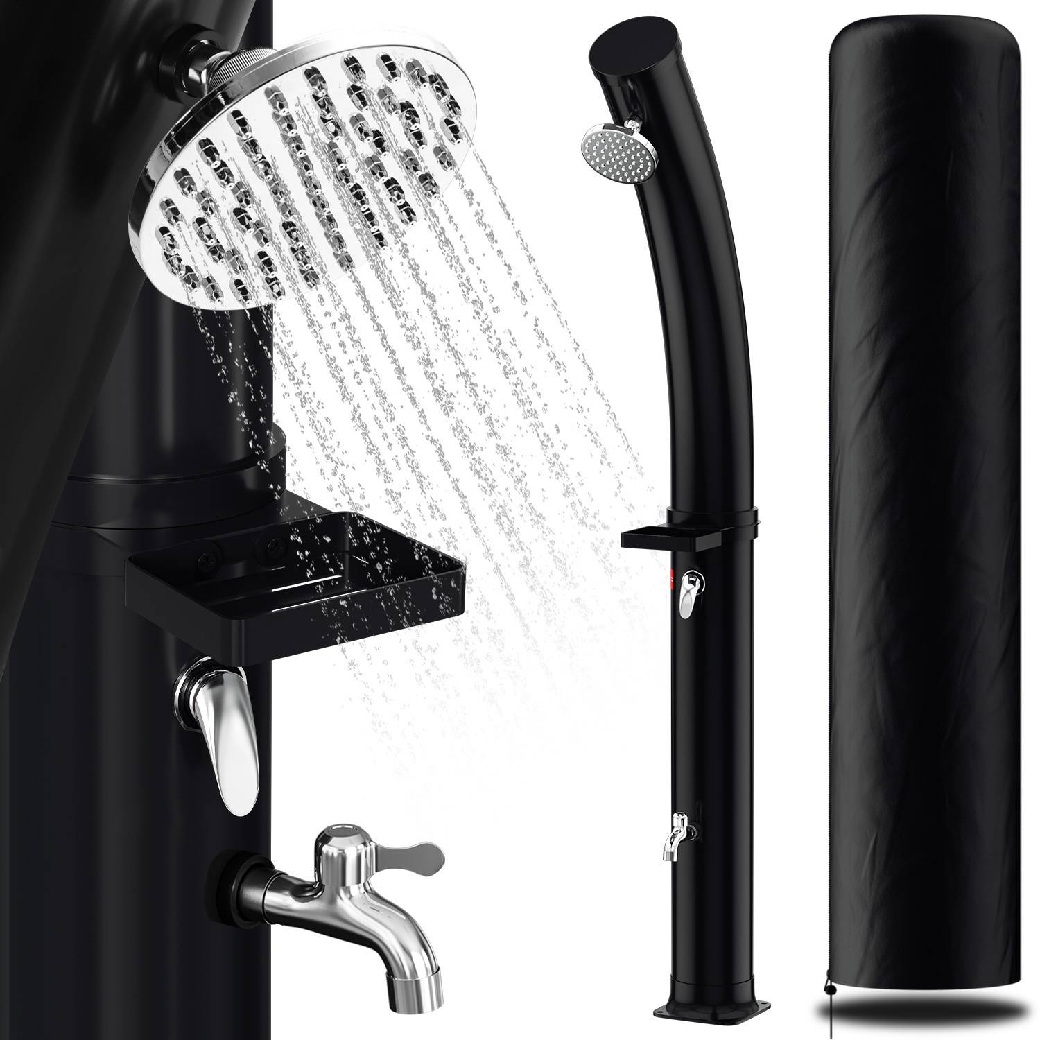 Tragbare Solardusche mit rundem Duschkopf, Wasserhahn und Schutzabdeckung; vertikales Design ideal für Pools oder Gärten.