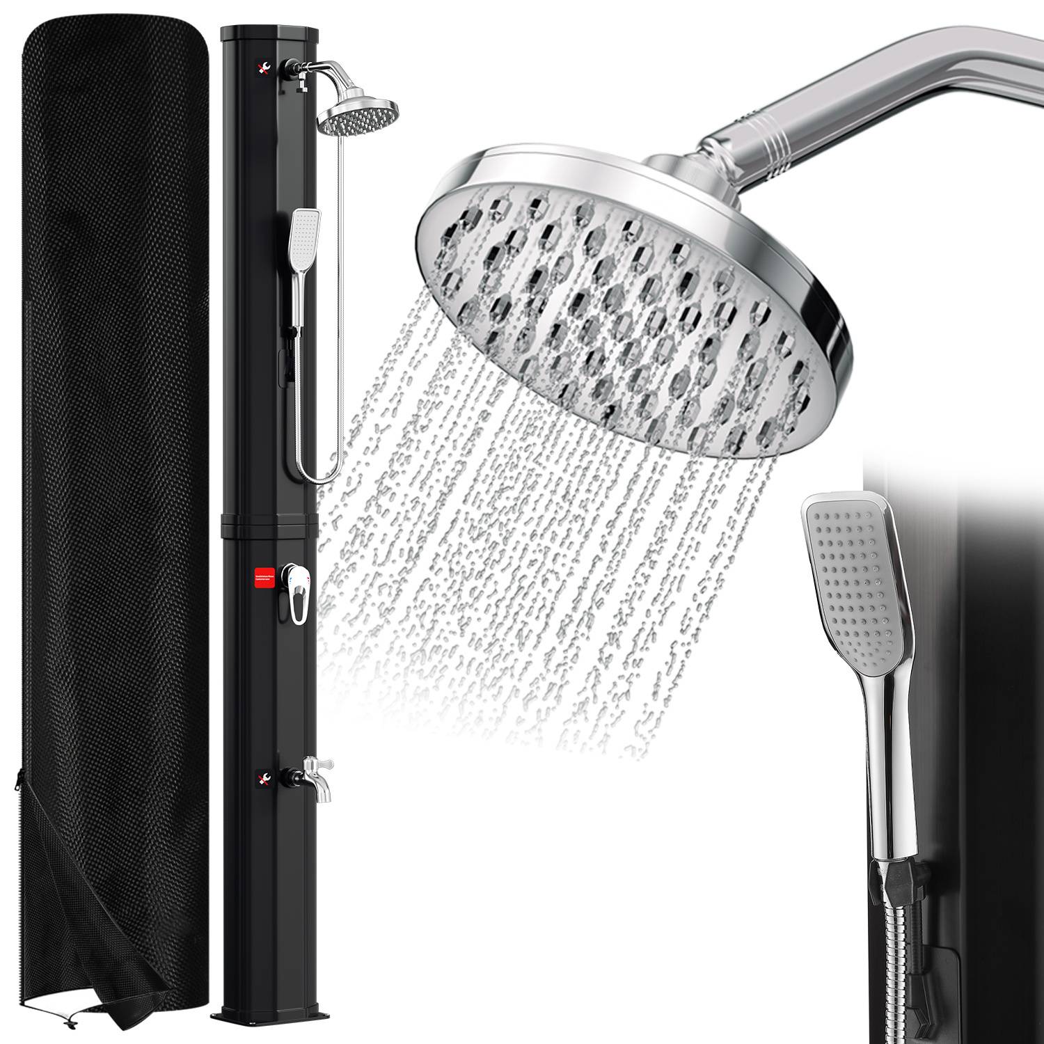 Outdoor-Solarduschsystem mit verstellbarem Duschkopf und tragbarem Sprühaufsatz, in Nahaufnahme mit fließendem Wasser vor einfachem Hintergrund dargestellt.