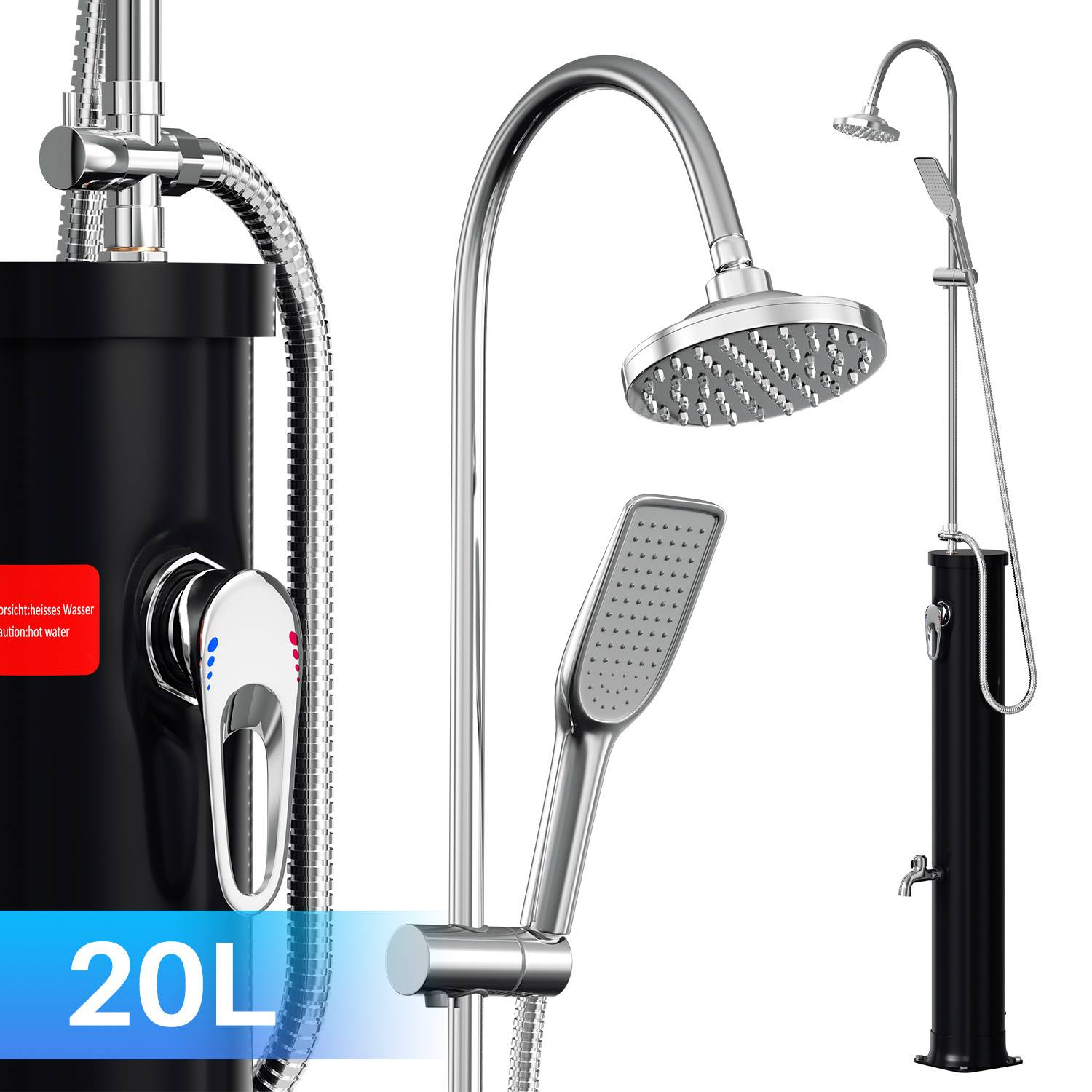 Verchromtes Duschkopf-System mit zwei Funktionen, bestehend aus einem Hauptüberkopfbrausekopf und einer tragbaren Handbrause. Schwarzer Tank mit der Aufschrift „20L