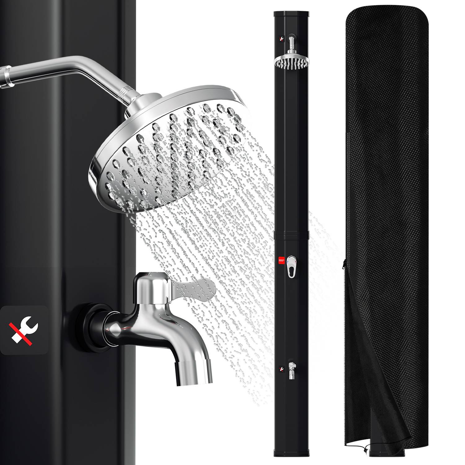 Außenduschset mit abnehmbarem Schlauch, Dual-Style-Sprühkopf und Schutzhülle. Die Anzeige zeigt eine Nahaufnahme und eine Gesamtansicht.