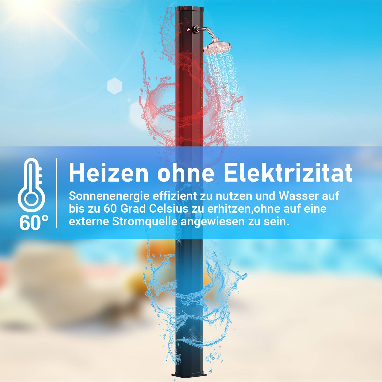 Outdoor-Solardusche erhitzt Wasser bis zu 60°C ohne Stromverbrauch und nutzt Sonnenlicht effizient für die externe Verwendung.