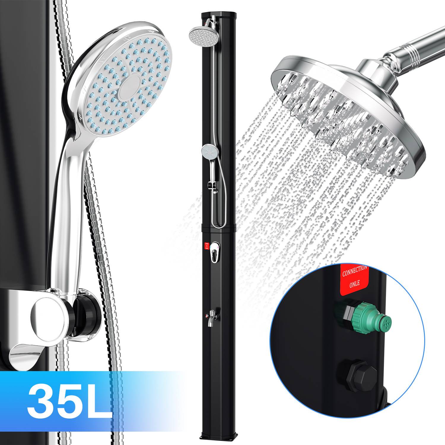 Outdoor-Solardusche mit zwei Duschköpfen, digitaler Temperaturregelung und Beschriftung mit einer Kapazität von „35L