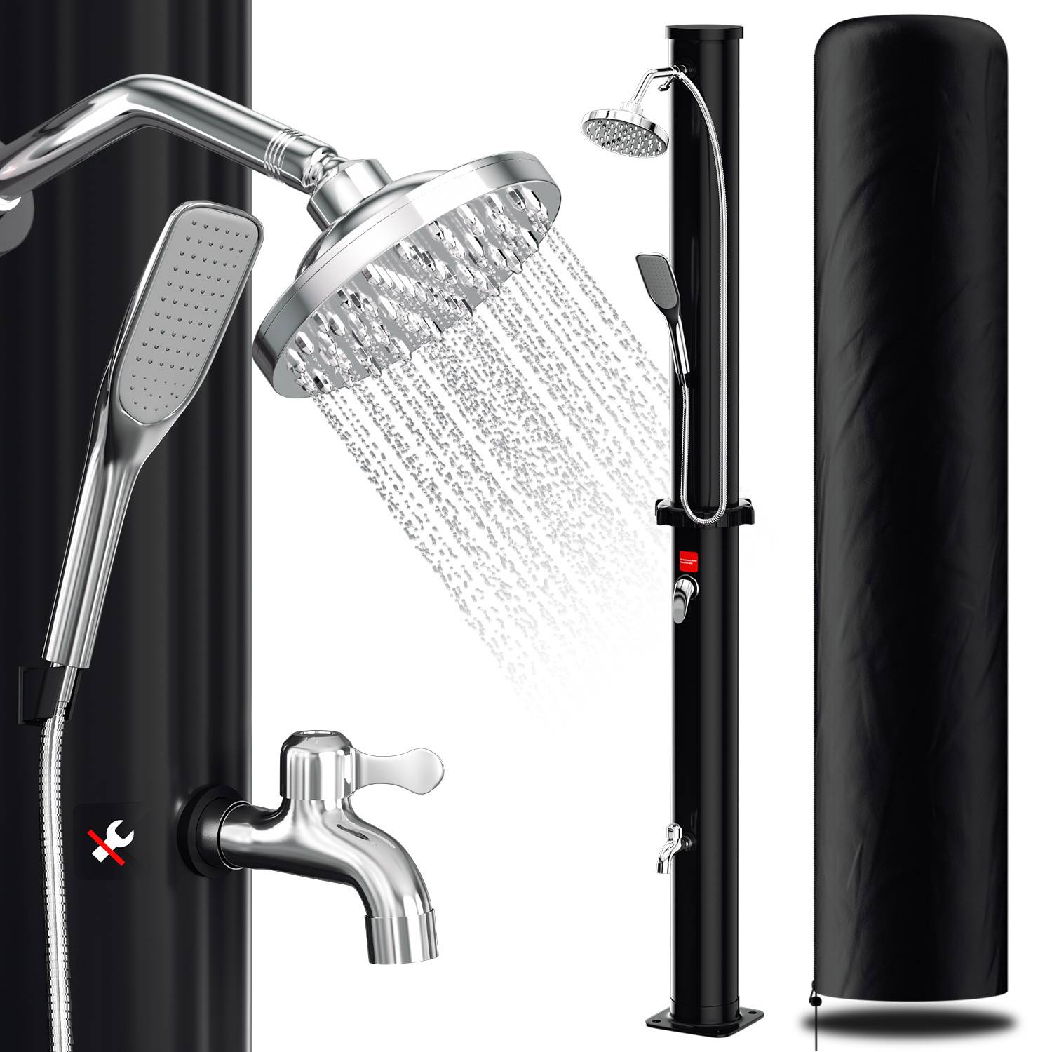 Outdoor-Solardusche mit schlankem schwarzem Design, mit abnehmbarem Handbrausekopf, Regendusche und Wasserhahn.