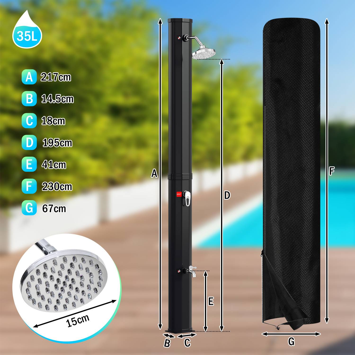 Solardusche mit Abmessungen: A 217cm, B 14cm, C 18cm, D 195cm, E 41cm, F 230cm, G 67cm, 35L Kapazität, neben einem Pool, Duschkopf abgebildet.