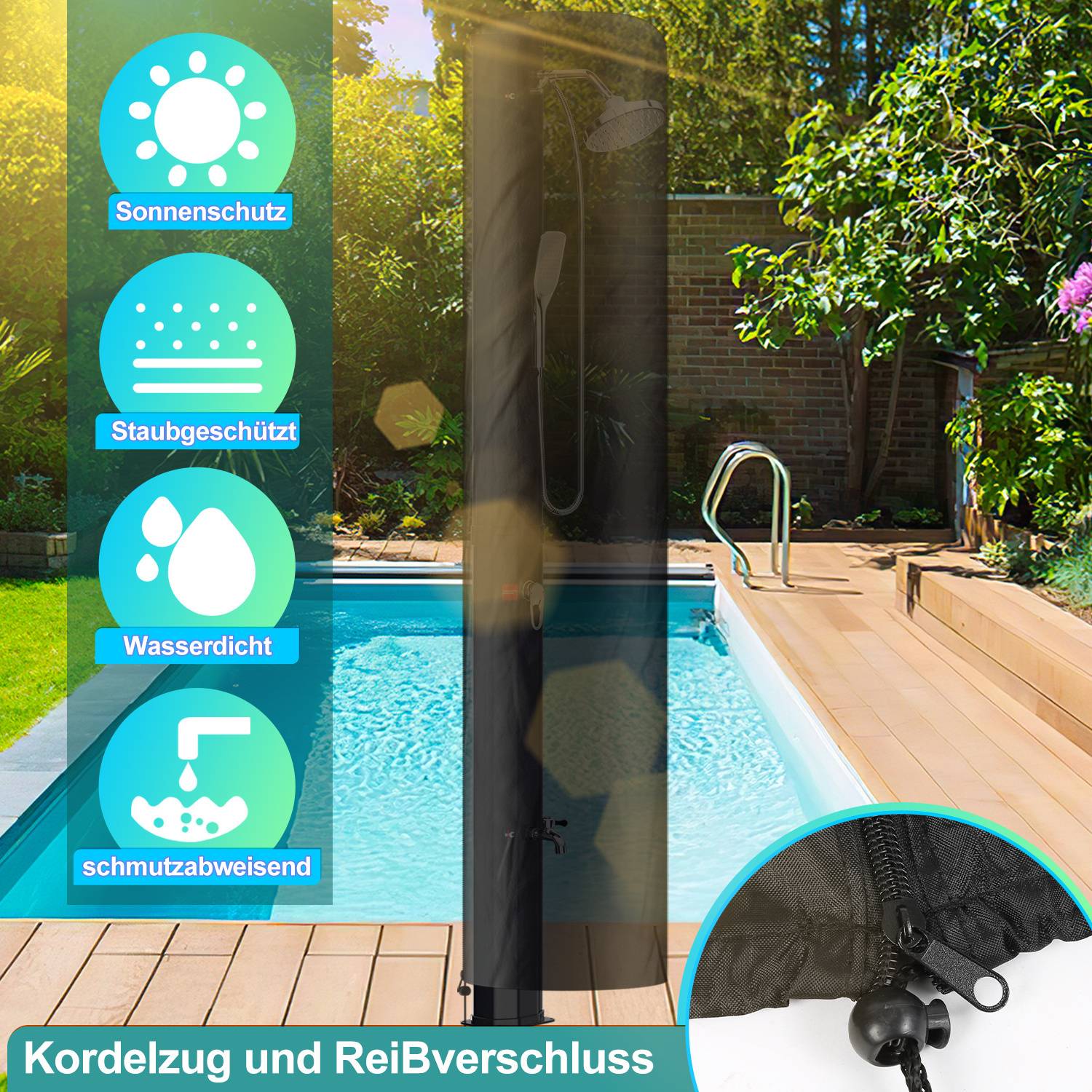 Eine Schutzabdeckung auf einer Terrasse mit aufgelisteten Merkmalen: 