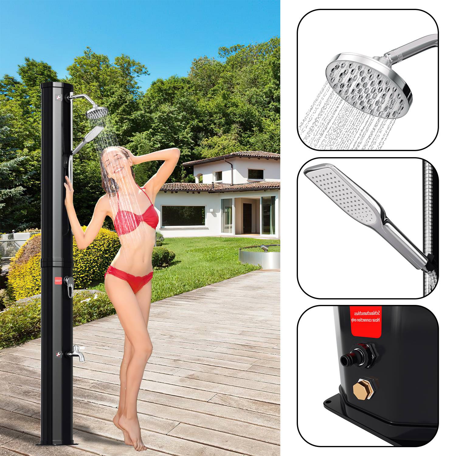 Eine Frau in einem roten Bikini duscht draußen unter einem hohen schwarzen Außenduschsystem, mit einem modernen Haus und Grünflächen im Hintergrund.