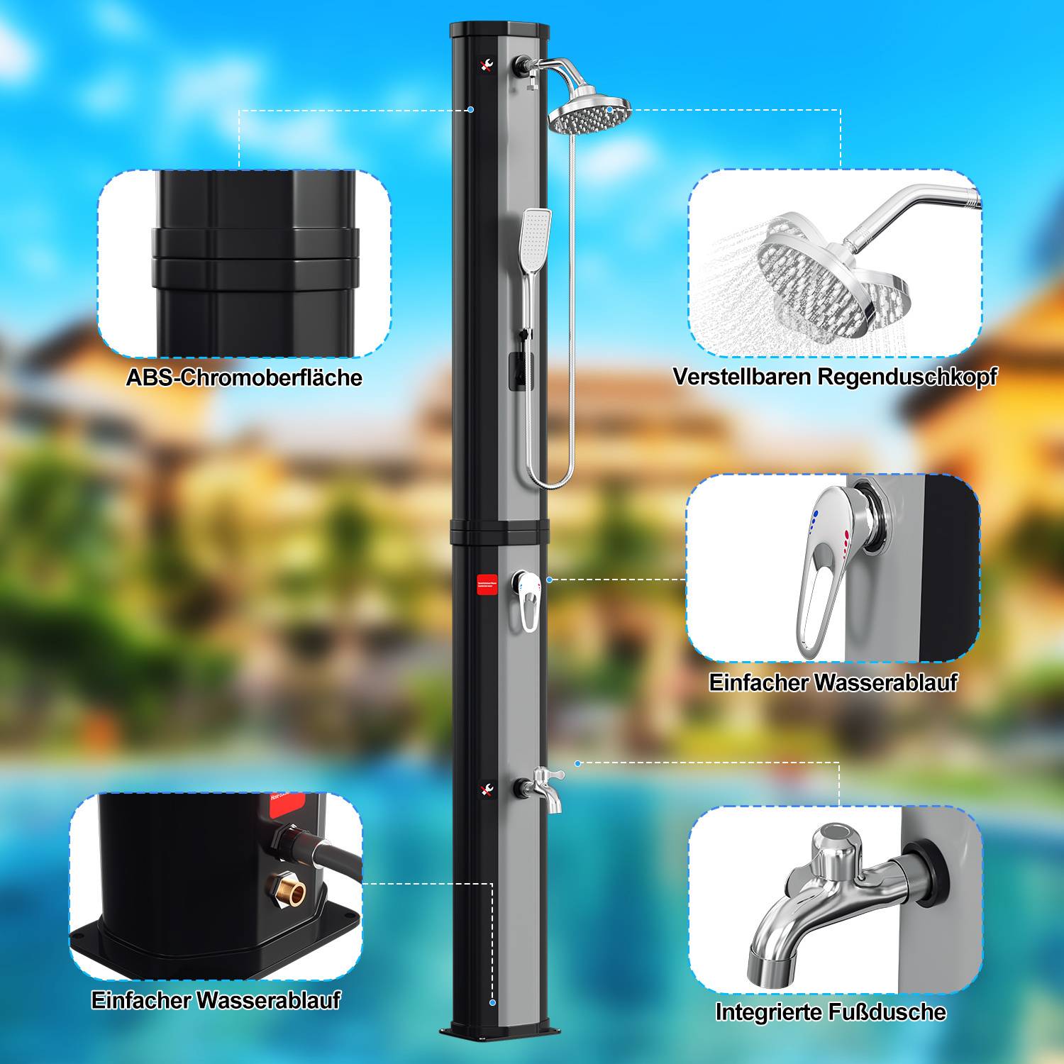 Außendusche mit verstellbarem Regenduschkopf, integrierter Fußdusche, einfacher Wasserablauf, ABS-Chromoberfläche und vereinfachten Bedienungselementen.