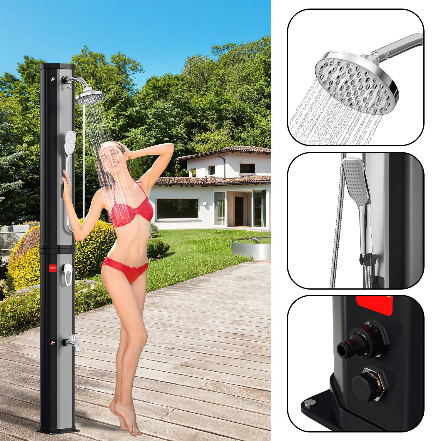 Eine Frau in einem roten Bikini benutzt eine außen aufgestellte Solardusche neben einem Pool, mit vergrößerten Ausschnitten, die den Duschkopf und die Bedienungselemente zeigen.