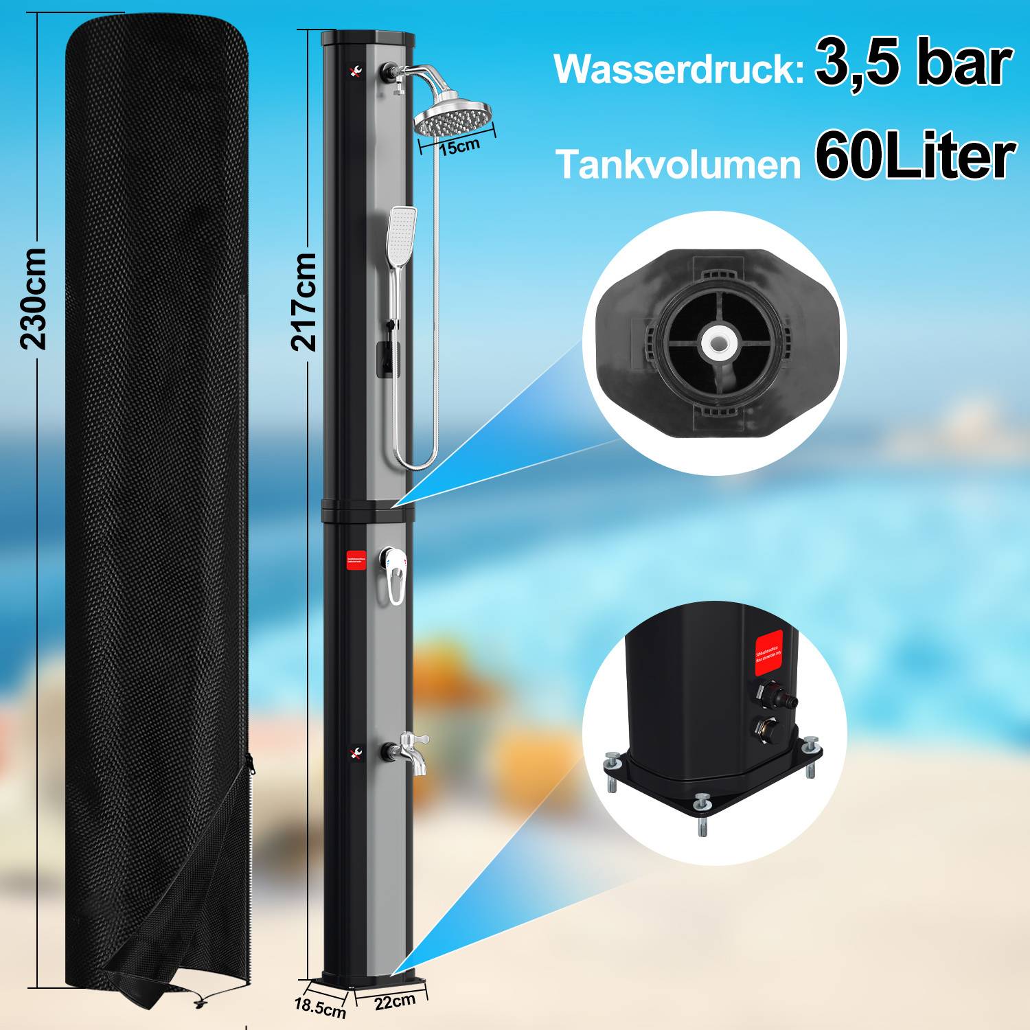 Outdoor-Solardusche mit schwarzem Design, 230 cm Höhe, 60-Liter-Tank. Zu den Merkmalen gehören verstellbarer Duschkopf und Wasserhahn. Wasserdruck: 3,5 bar.